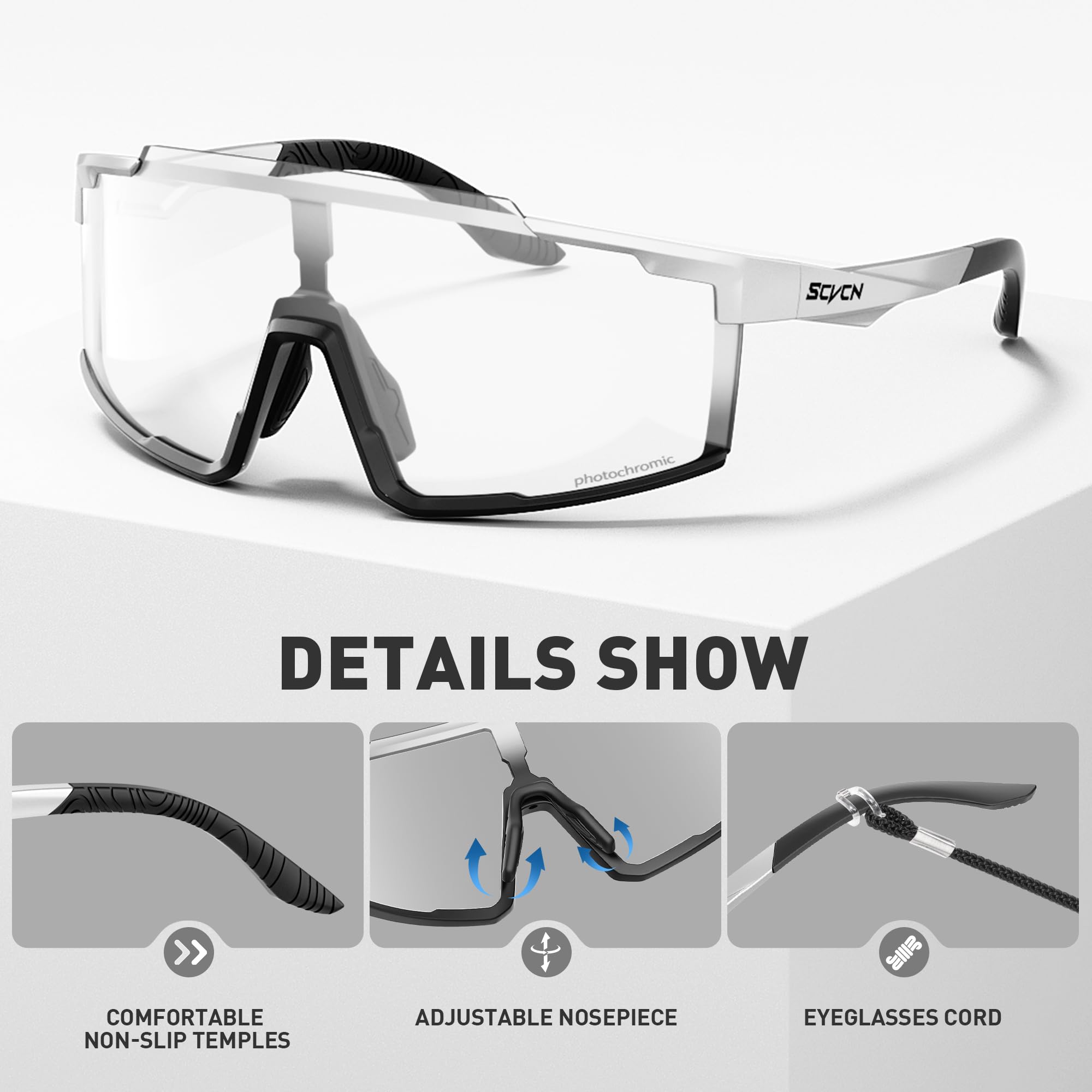 SCVCN Fotocromatici Occhiali Ciclismo Uomo Donna Occhiali Trasparenti da Sole Sportivi Protezione UV400 Occhiali Bici da Corsa Running Bici MTB Bicicletta Mountain Bike S121