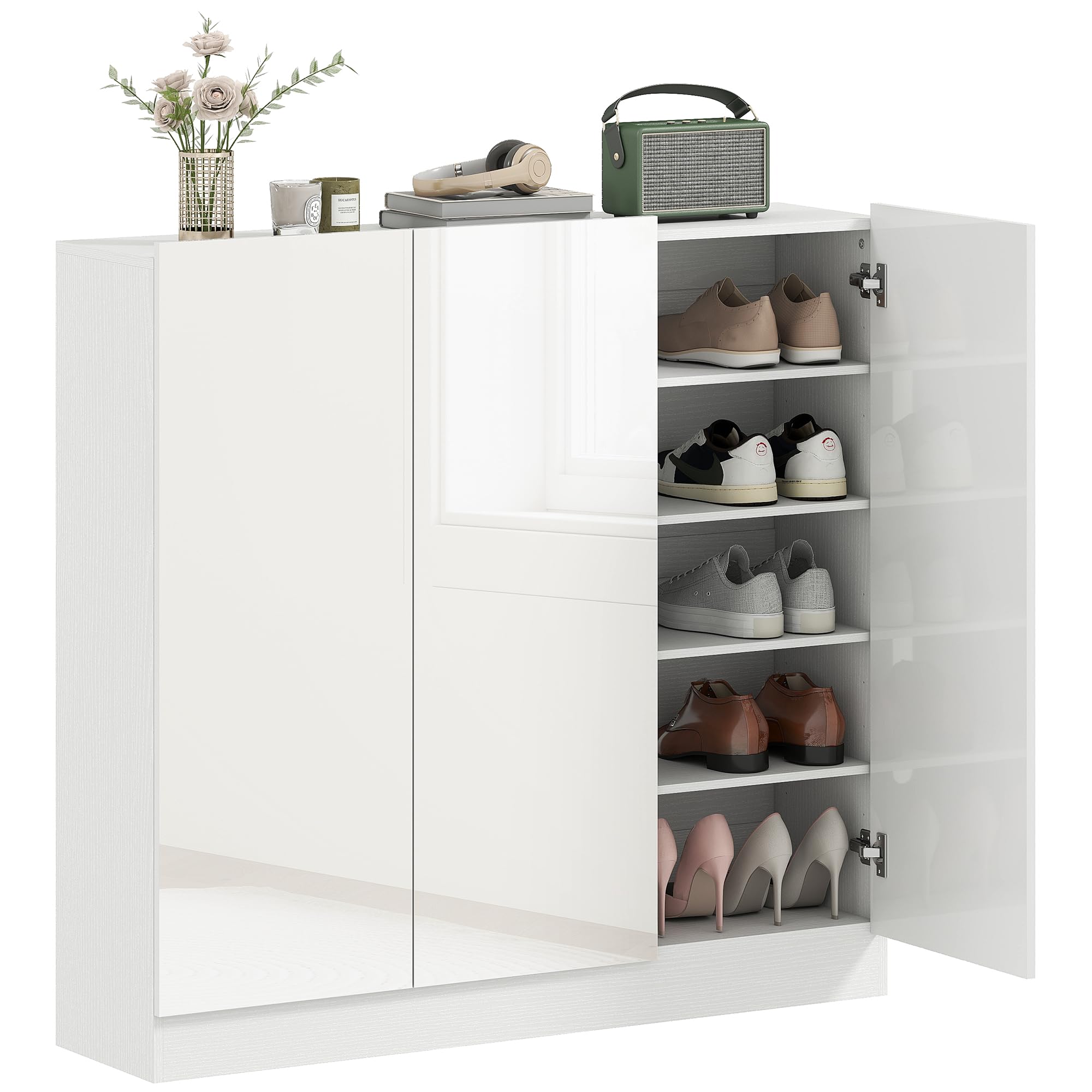 HOMCOM Schuhschrank Verstellbare Ablagen Hochglanztüren 106,4x34x108,5cm | Schuhregal, Belüftungslöchern, Schuhaufbewahrung mit Soft-Close-Funktion, Schuhkommode, für 25–30 Paar Weiß
