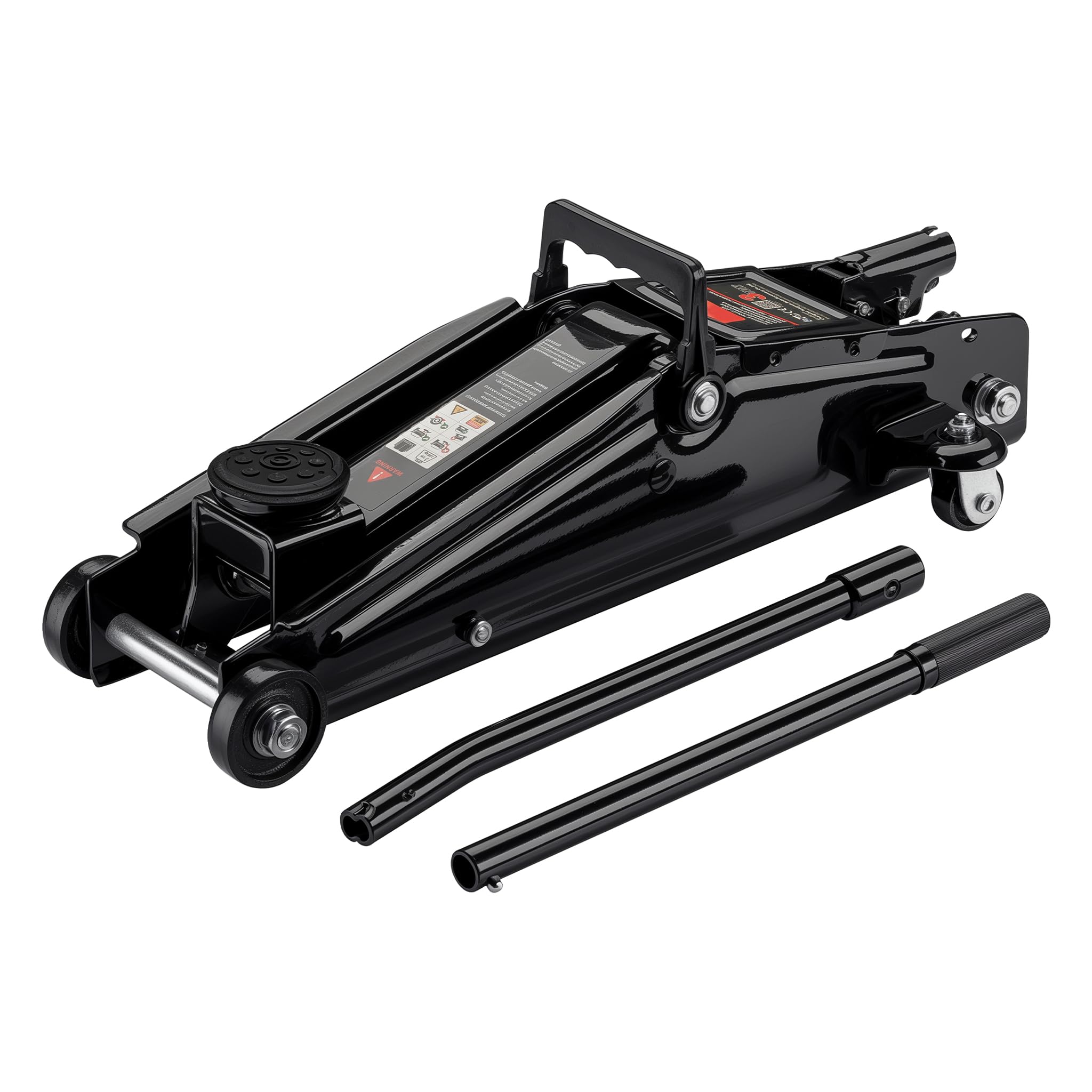 Person operating Wiltec hydraulic jack to lift a car