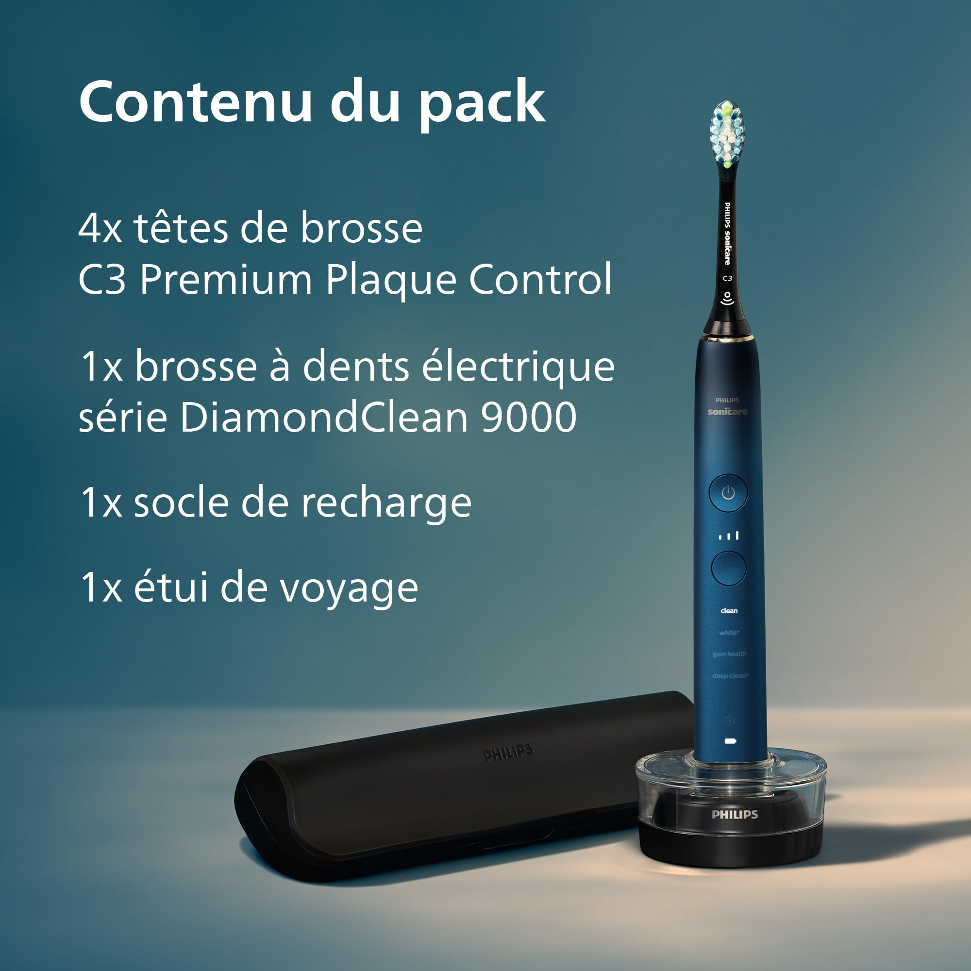 Philips Sonicare DiamondClean 9000 - Brosse à dents électrique avec application, Édition spéciale, Capteur de pression, Socle de charge, Bleu marine, modèle HX9911/89