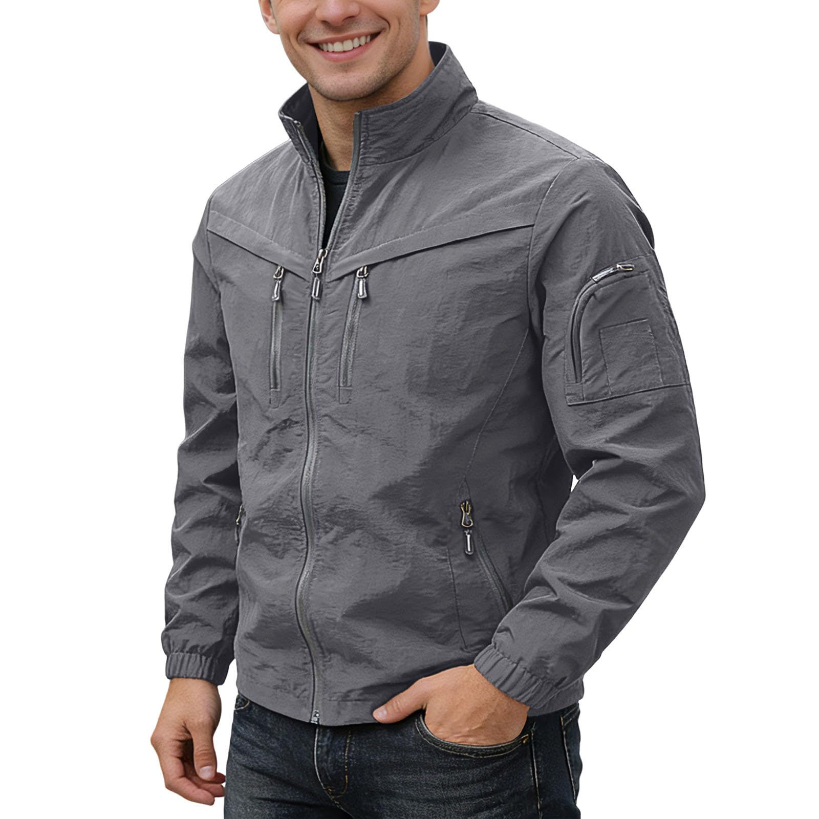 Generisch Giacca funzionale da uomo, con chiusura lampo, giacca da trekking, traspirante, leggera, softshell con colletto alto, con molte tasche, tinta unita, da lavoro