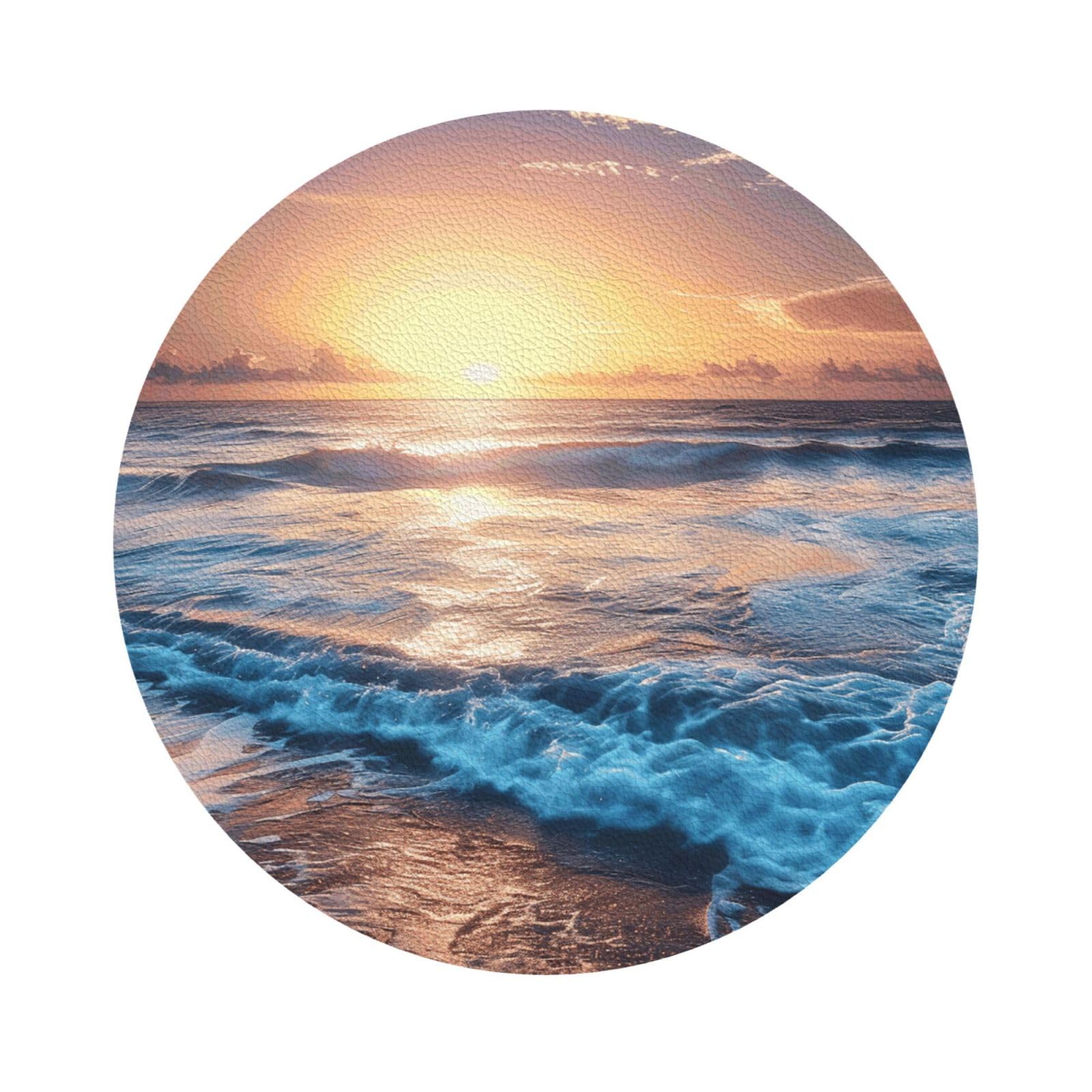 Sunrise Print Leather Coaster Set of 6, Round Shape Coasters Table Decorative Coffee Cup Beverage Coasters Wine Beer Bar Coasters for Hot Drinks Table Protection