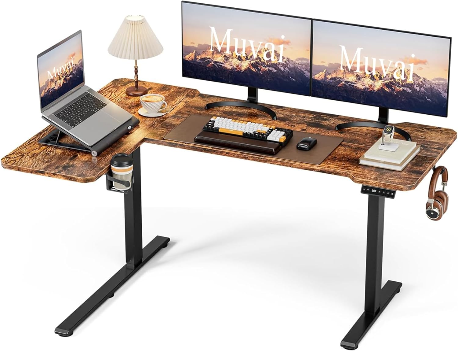 59 Inch L Shaped Standing Desk Adjustable Height, Electric Corner Standing Desk, Sit Stand Computer Table with Reversiable Splice Board, Rustic Brown Rustic Brown L-shaped 59 Inches