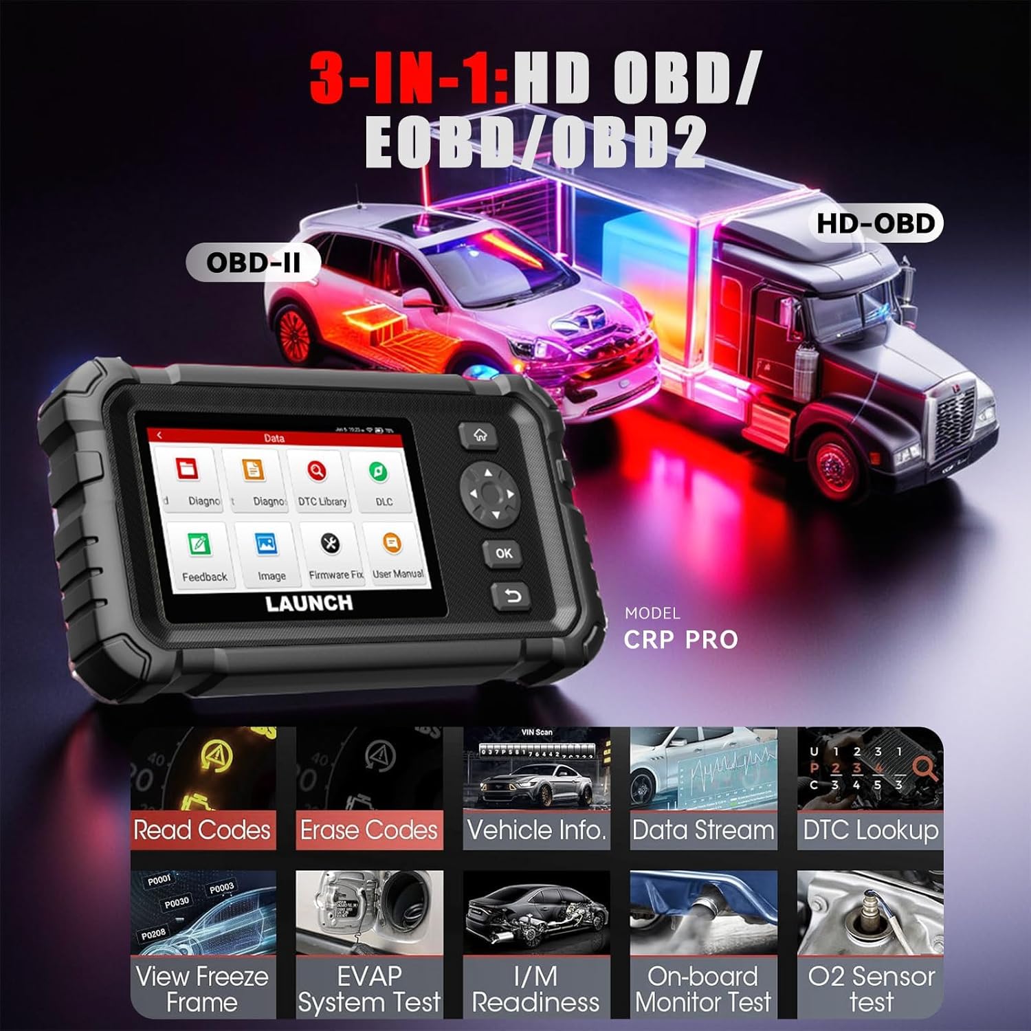 LAUNCH CRP PRO Heavy Duty Truck Diagnostic Scanner, Bi-Directional Full System Scan Tool for Semi Trucks & Diesel Engines, ECU Coding, 40+ Reset Services, Compatible with Cummins Caterpillar and More