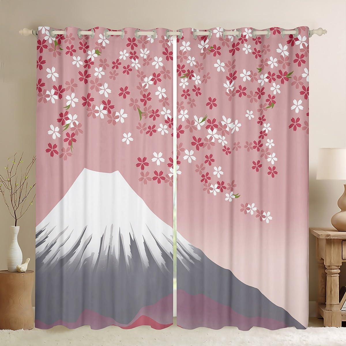 jejeloiu Japanese Geisha Girls Curtains (2 Panels, 38 x 45 Inch) Kids Cherry Blossoms Darkening Drapes for Boys Teens Japanese Street Blackout Curtain Ukiyoe Window Treatments