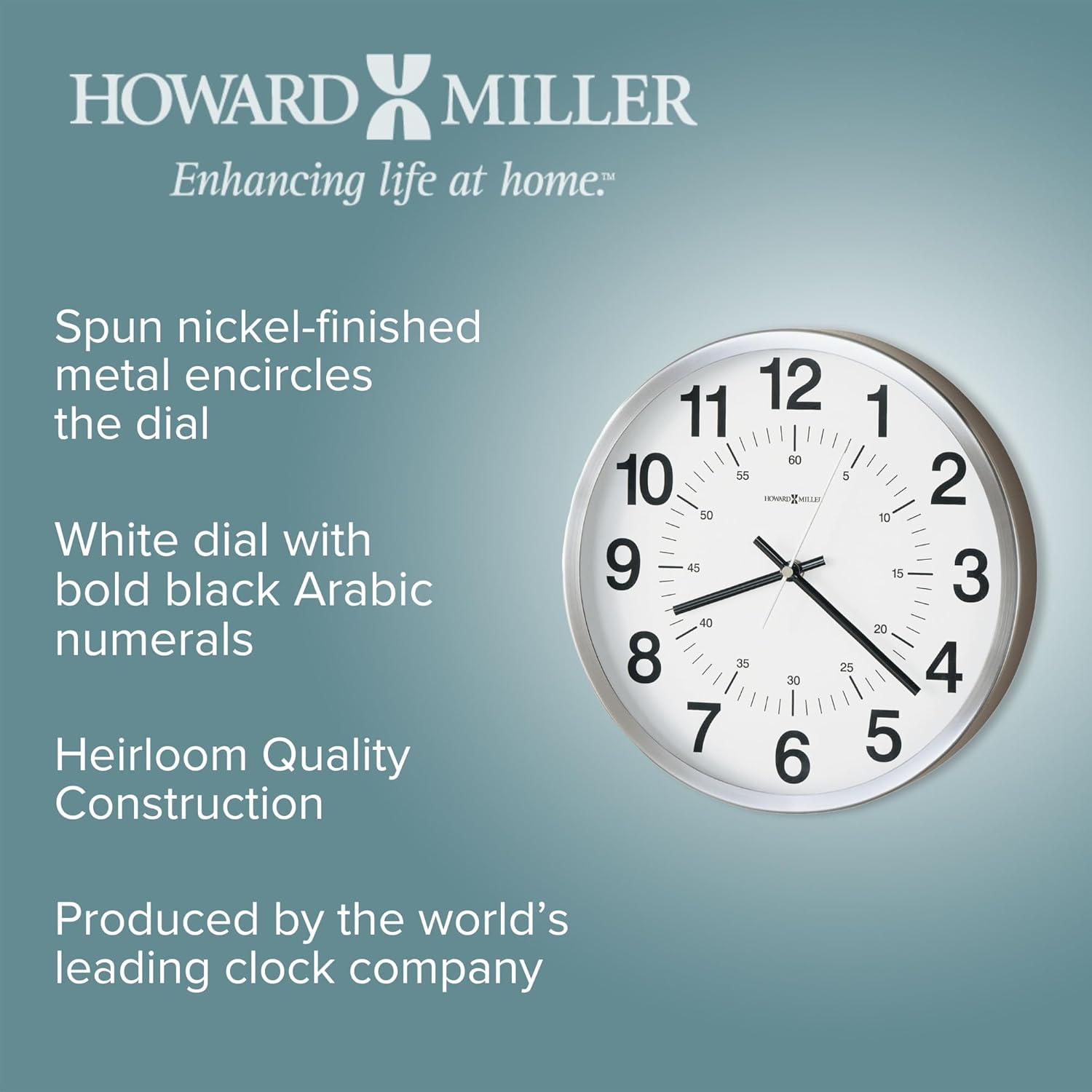 Howard Miller Easton Wall Clock - Round Metal Case, Battery-Operated Analog Timepiece with Glass Crystal, Quartz Mechanism, Arabi Numeral, Hanging Clock for Home - Kitchen, Bedroom, and Office Decor