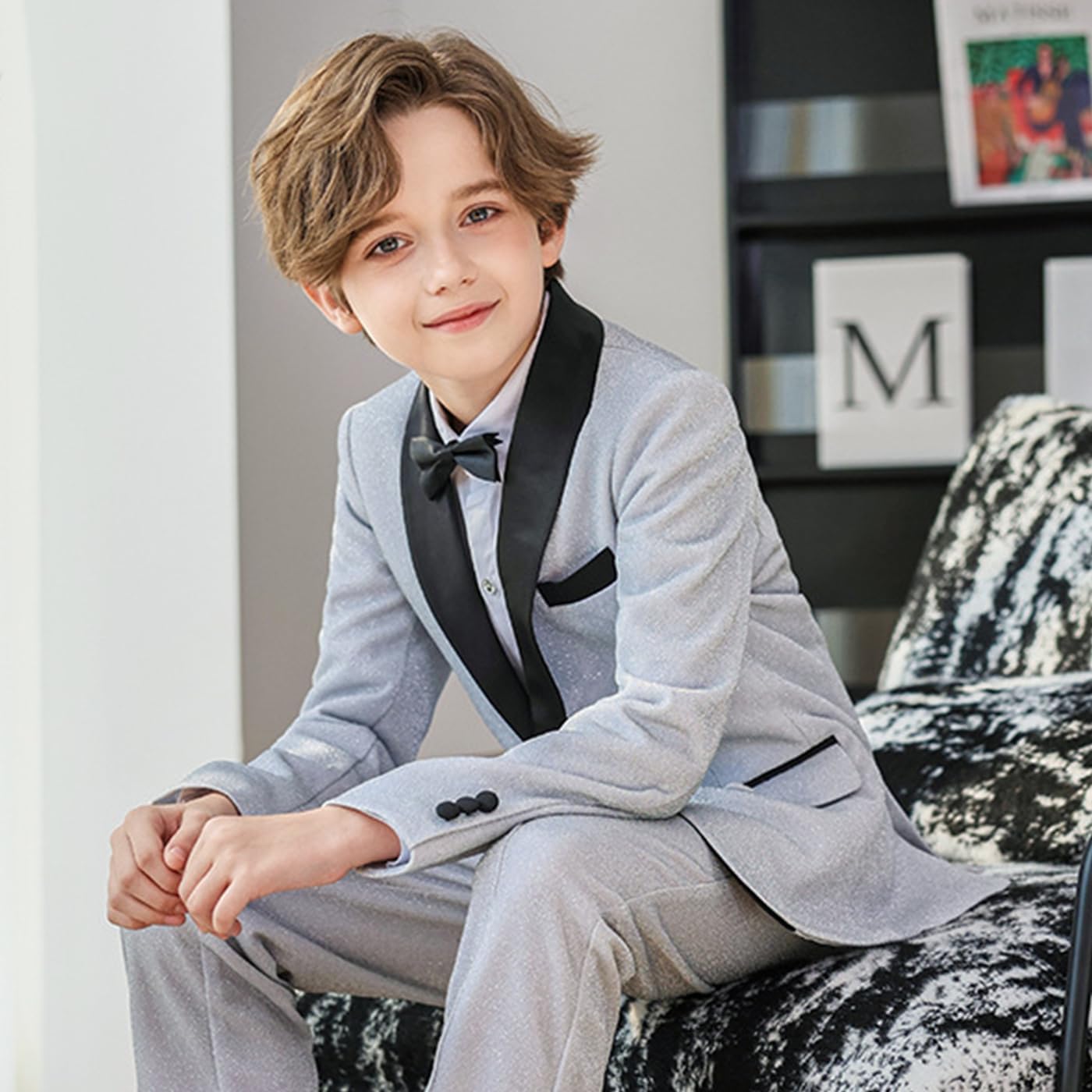 Little and Big Boys Tuxedo Suits 4 Pieces Slim Fit Frosted Glitter Suit for Wedding Proms Ring Bearers