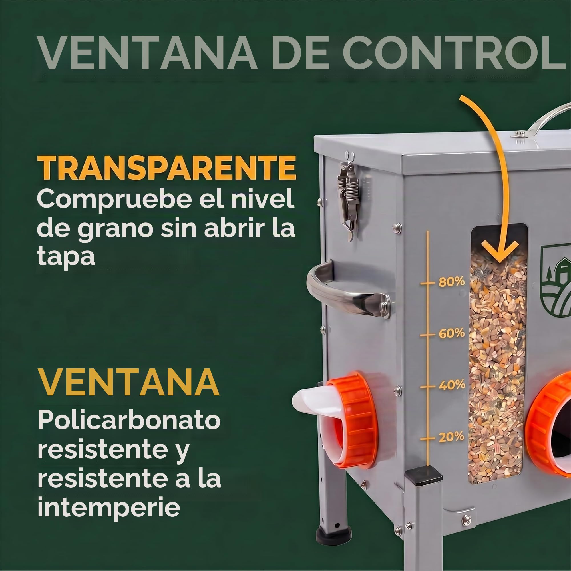 Dural's® Comedero Gallinas Anti Ratas Antipájaros 18 kg – Dispensador Automático de Pienso en Acero Galvanizado, 6 Puertos y Ventana de Nivel – Comedero para Gallinas Exterior Gallinero