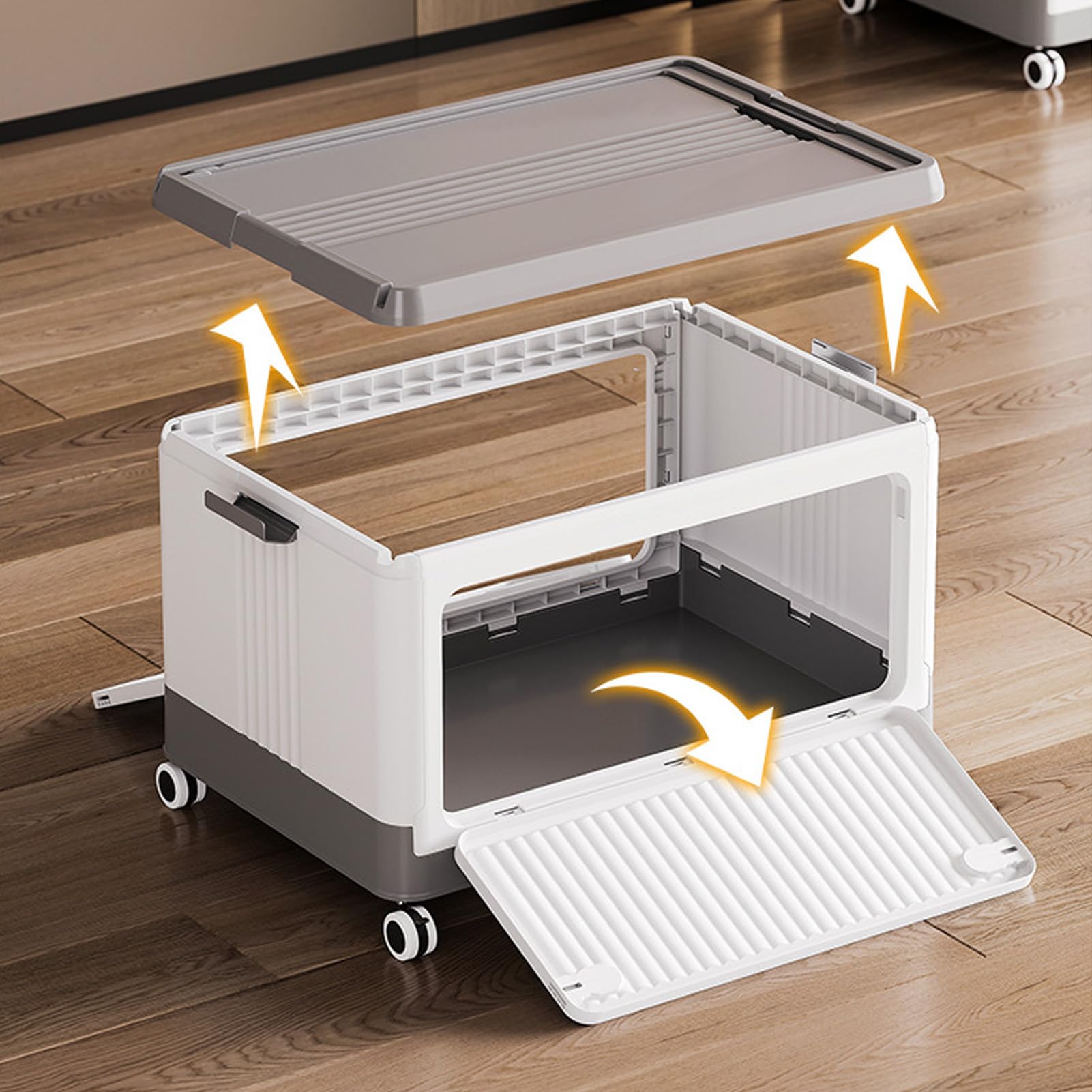 SIXRUN Contenitore Portaoggetti con Rotelle e Coperchio, PP Pieghevole Impilabile con Maniglia, Grande Capacità per Vestiti Libri Snack