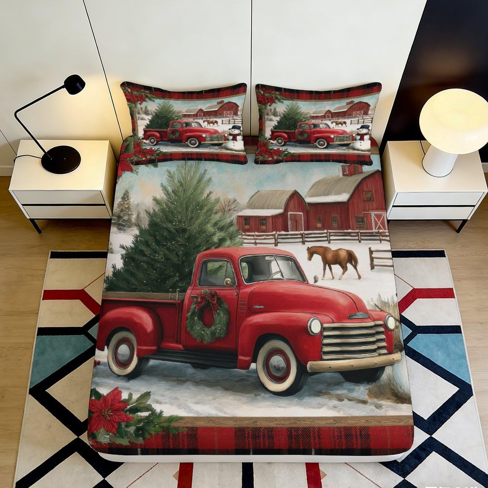 3D Printed Christmas Red Truck Fitted Sheet Microfiber Farm Barn Horse Bed Cover for Bedroom Guest Room Decor 90x200x25cm