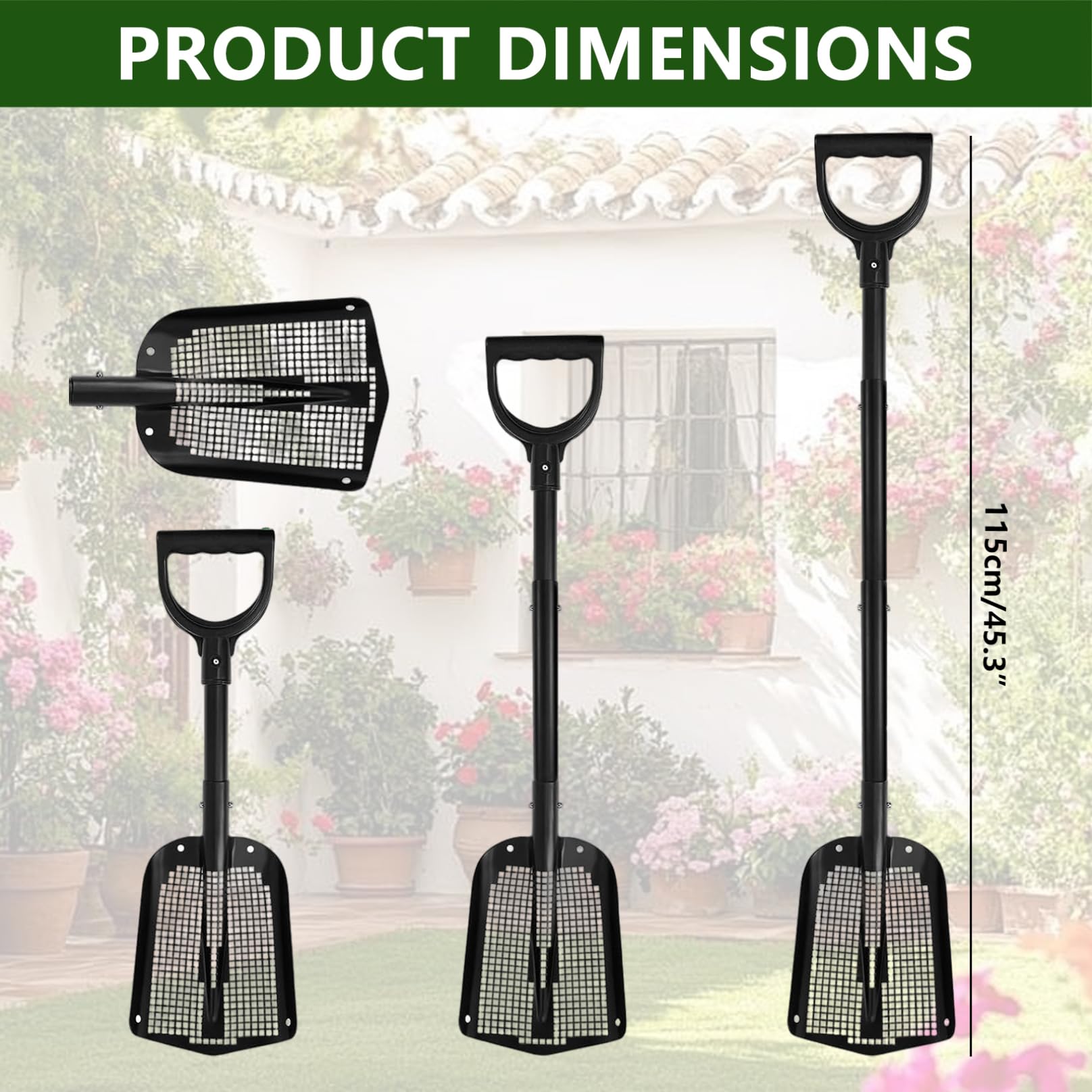Siebschaufel, Leichter Sandsieber mit langem Griff, Aluminium-Bodensieb für Strandsand, Gartenerde, Hühnerstallreinigung und Hofkompostsiebung
