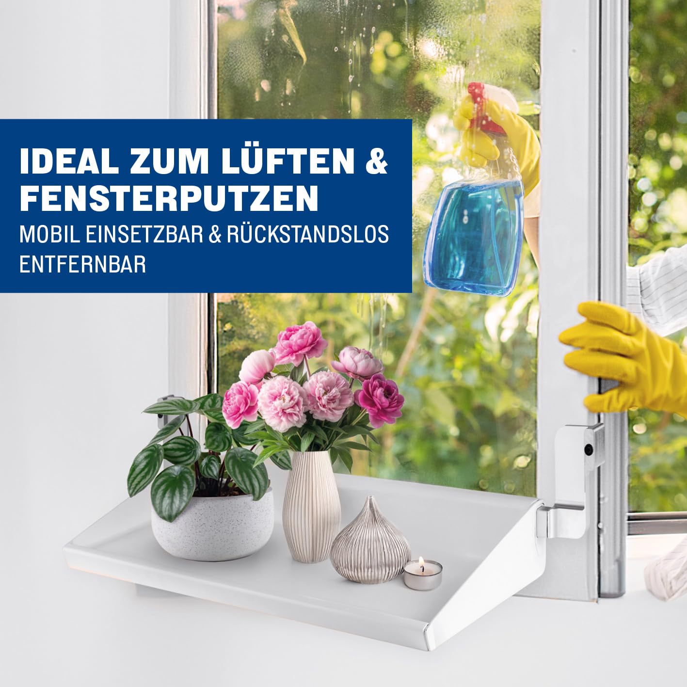 Flexible Fensterbank für fast alle Fenster | Lüften ohne Abräumen, ohne Bohren & Kleben, einfach einklemmen | Teleskop 55–86 cm für Fensterbreite 65–107 cm, bis 5 kg