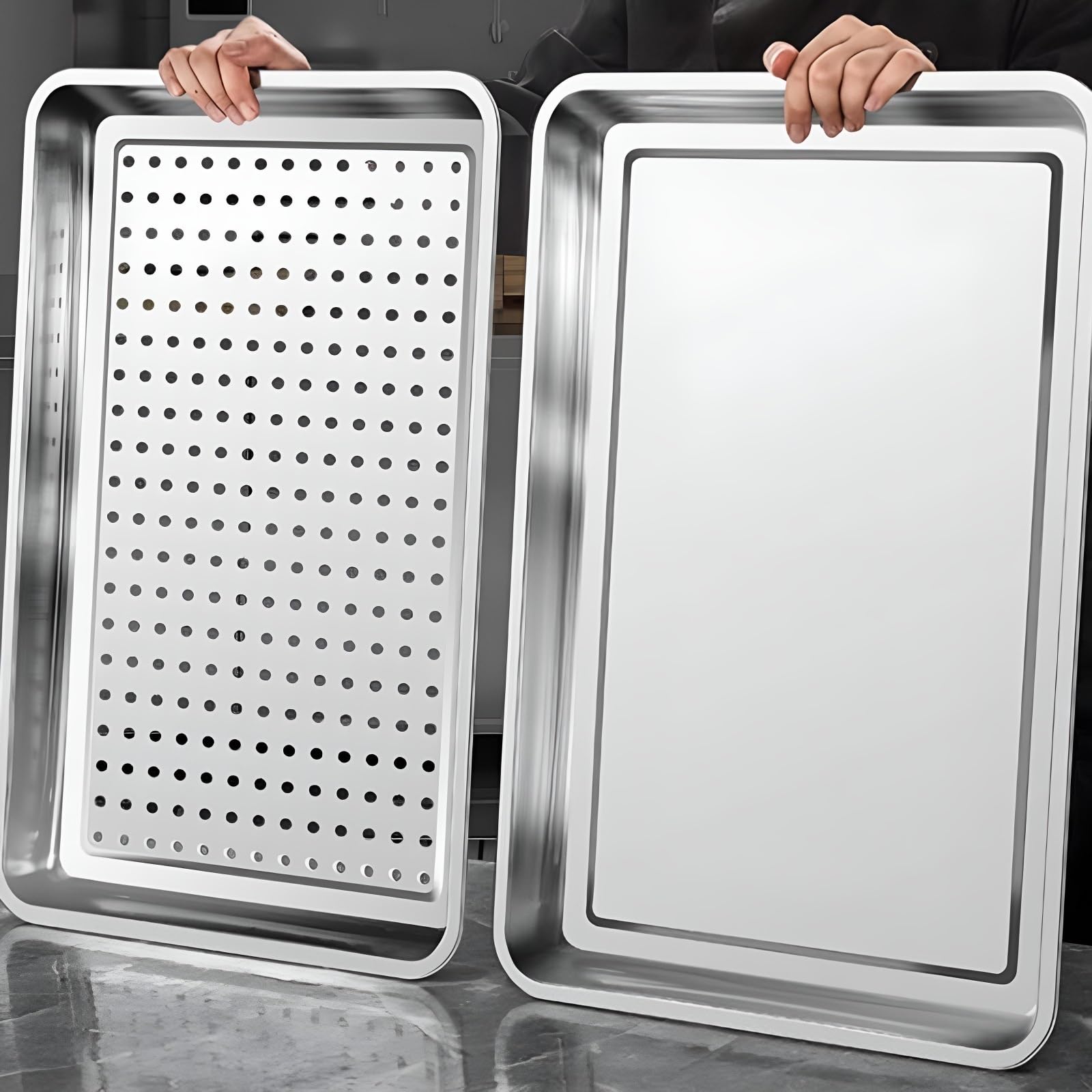 Set di 2 teglie da forno rettangolari in acciaio inox, per arrostire e servire, facili da pulire, ideali per una cucina sana (49,5 x 34,5 x 2 cm)