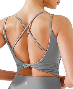 BRXL Womens Twist Back Sports Bra Longline Buttery Soft Low Impact Yoga Bra Removable Pads Scoop Neck Crop Top