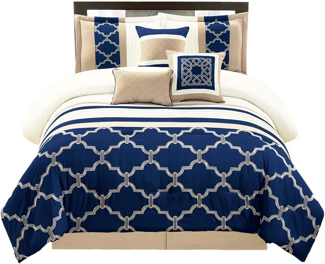 WPM 7 Pieces Complete Bedding Ensemble Navy Blue Taupe Ivory Beige Royal Print Luxury Embroidery Comforter Set Bed-in-a-Bag-Daisy (Queen)