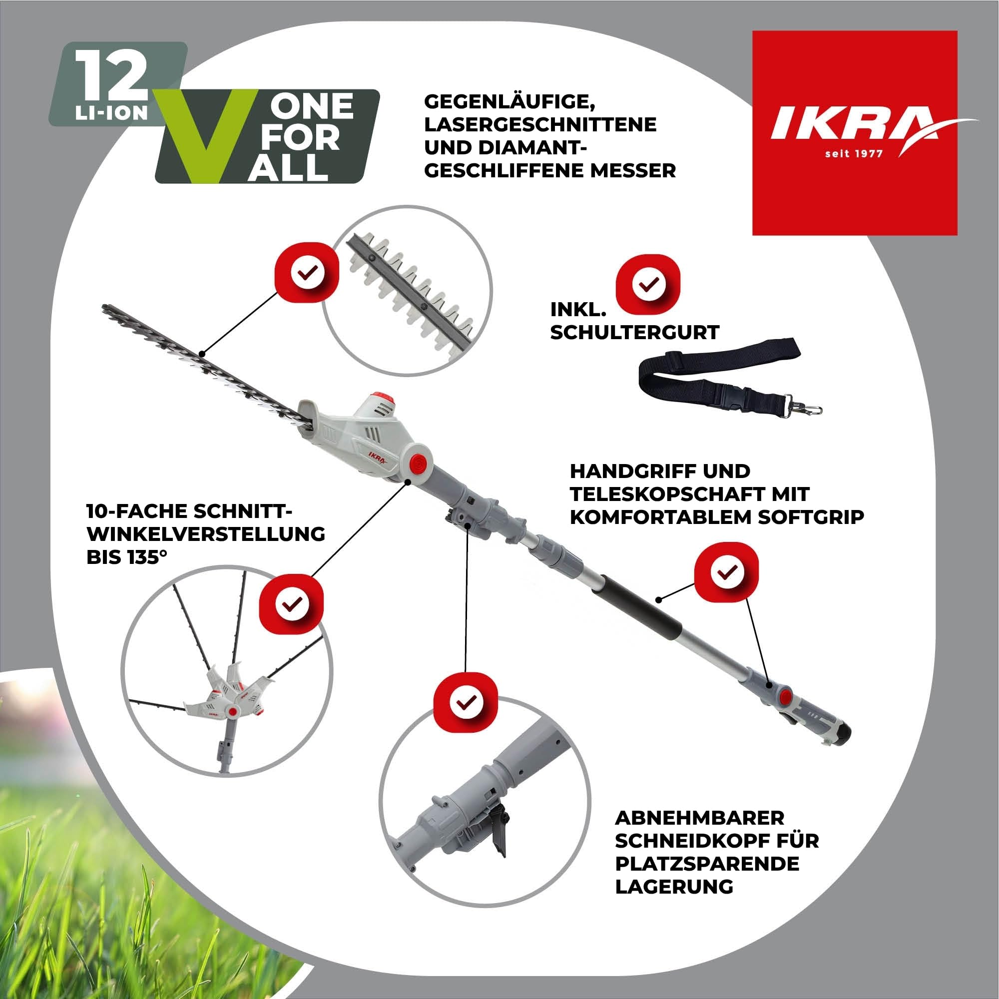 IKRA Teleskop Heckenschere IATHS 1241 inkl. Akku, Ladegerät & Brille | Teleskopierbar 1,80m - 2,35m, Schnittlänge 41cm, Schnittwinkelverstellung bis 135°, kompatibel mit 12V Akku-Familie von IKRA