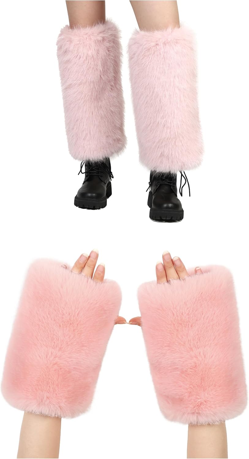 LA CARRIE Women's Faux Fur Leg Warmers and Faux Fur Gloves 2 pc Set