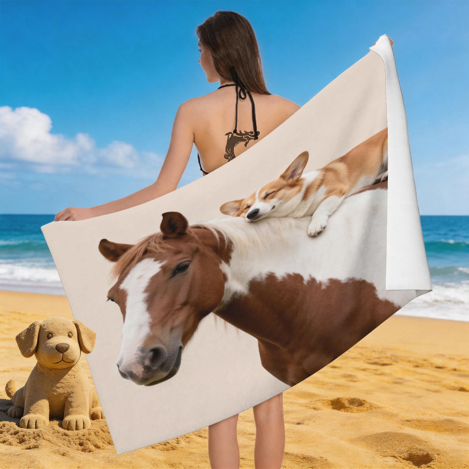 Leichong 3D Horses Beach Towel Large Microfiber Soft Quick Dry for Adults, Lovely Pet Bath Towel Lightweight Soft Absorbent for Travel Swimming Pool Sports, 180 x 90 cm