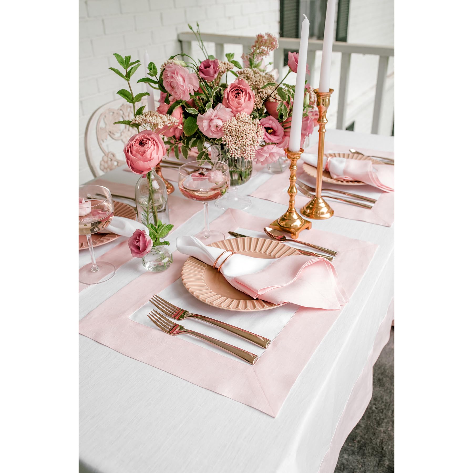 Solino Home Contempo - Juego de 4 manteles individuales de lino 100 % puro, color rosa y blanco, 48 cm de largo x 35 cm de ancho, lavables para primavera, Pascua, color rosa y blanco