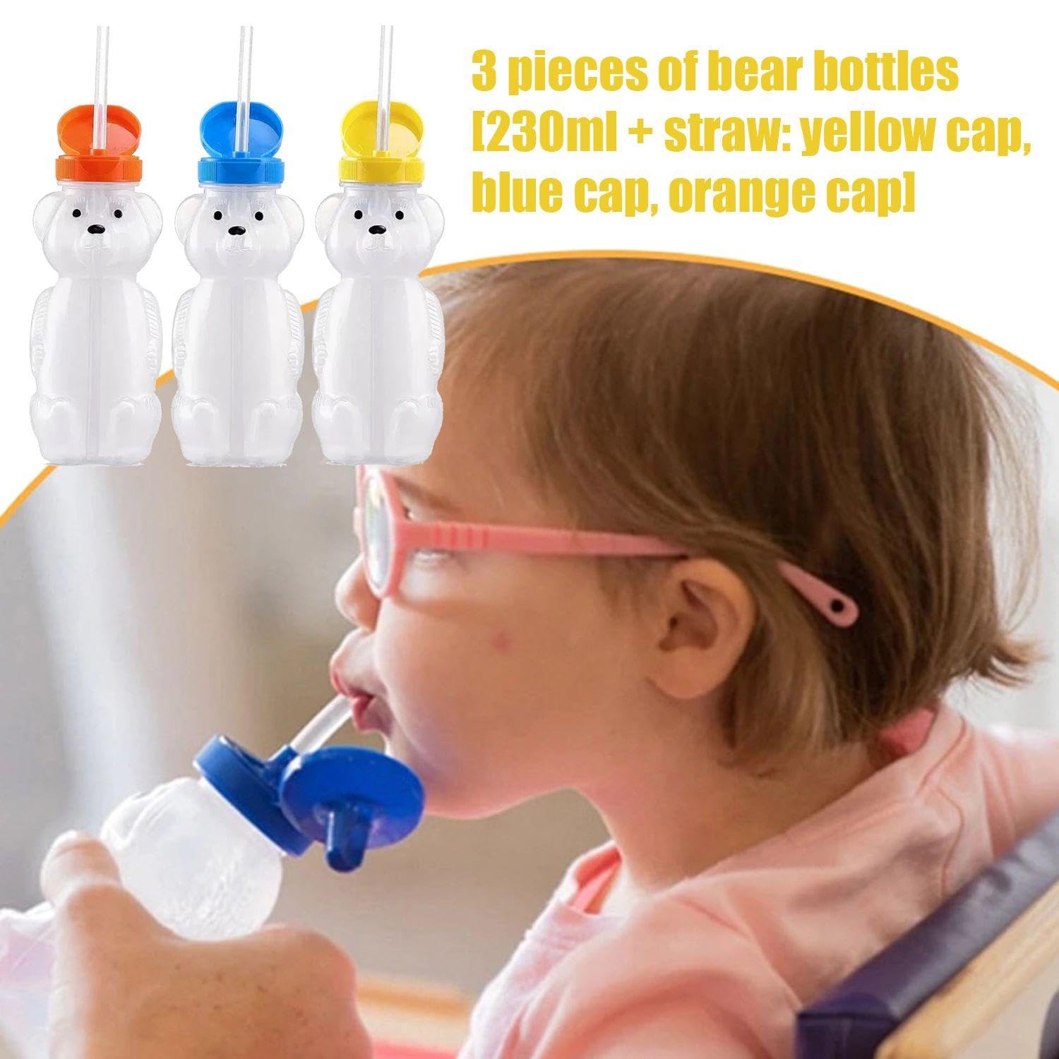 3 Pièces De Bouteilles En Paille D'Ours, 1 Brosse À Éponge, 3 Brosses À Paille, Design Mignon, Adapté Aux Enfants, 230 Ml, Jaune, Bleu, Orange