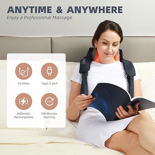 Miniatura 5 de Masajeador de cuello y hombros con calor, masajeador de espalda Shiatsu para aliviar el dolor, masaje eléctrico inalámbrico de tejido profundo 4D
