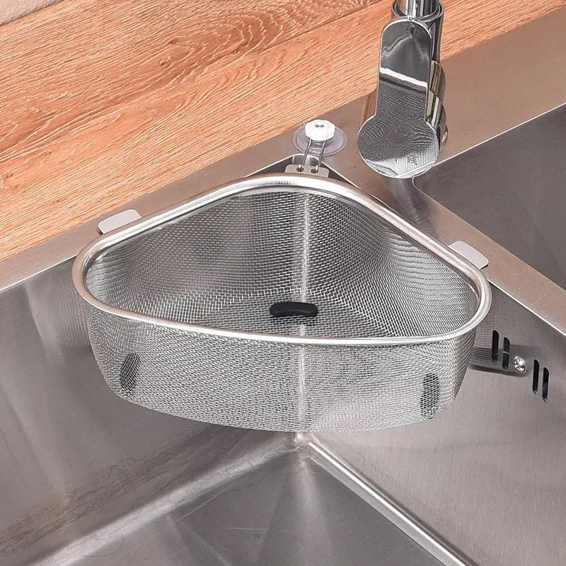 Kitchen Triangle Sink Strainer, Stainless Steel Corner Sink Basket, Multifunction Drain Filter for Food Waste, Fruits, Vegetables & Sponge Storage