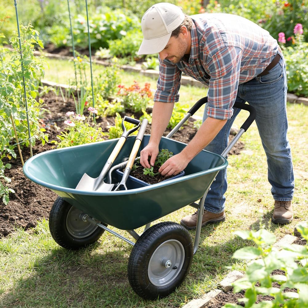 Dual Wheel Wheelbarrow 300LB Capacity, 5 Cu.Ft. Garden Cart with 15" Pneumatic Tires, Heavy Duty Yard Wheelbarrow with Loop Handle & Stand for Lawn, Landscaping, Construction, Green
