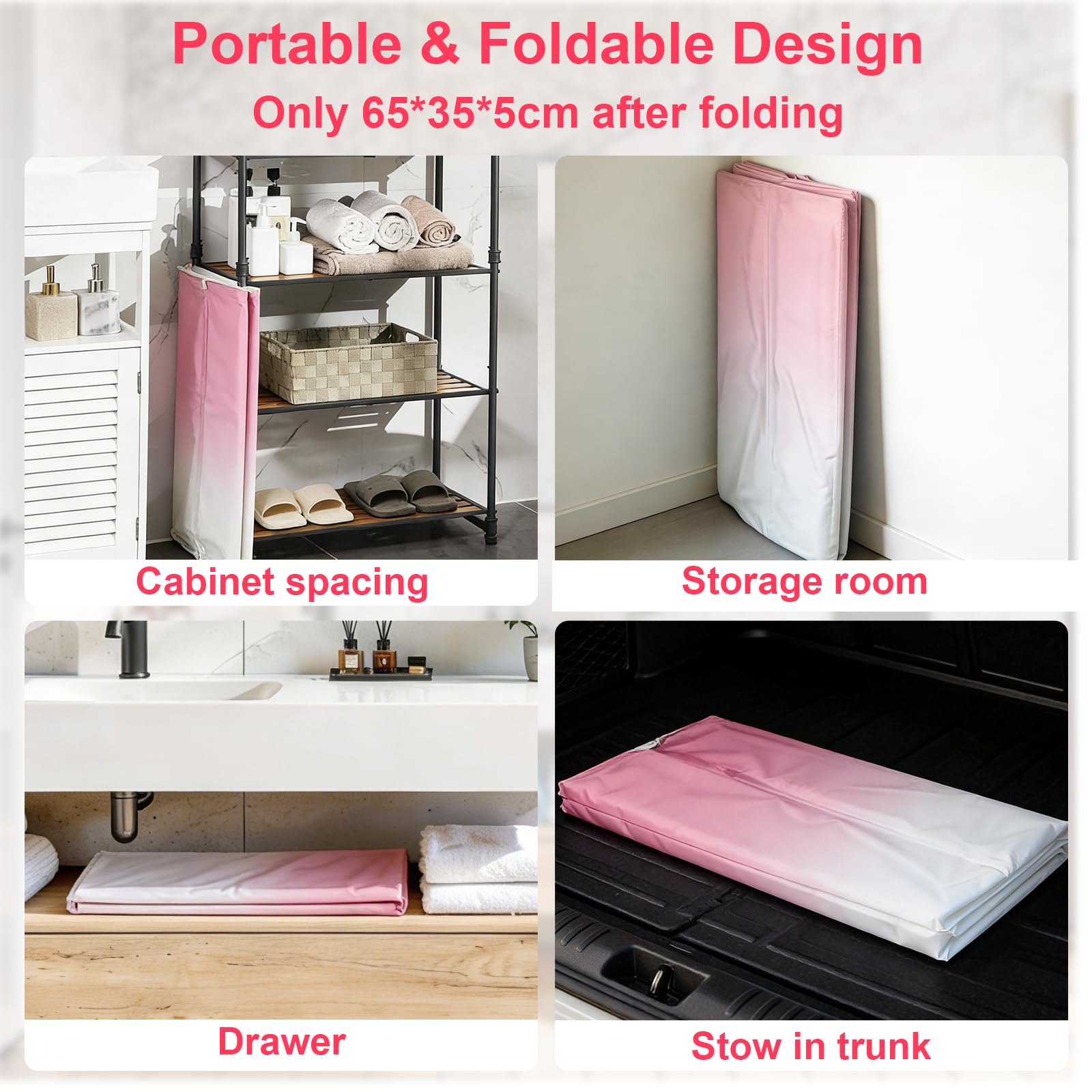 Faltbare Badewanne 70×65 cm für Erwachsene – Tragbare tiefe Badewanne für Warm- und Kaltwasser mit Ablaufschlauch und Sitzkissen, Platzsparende Faltbadewanne für kleines Bad (Rosa)