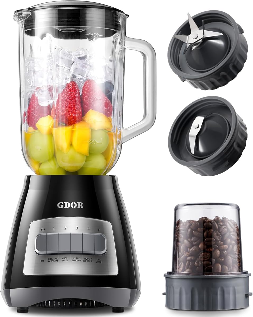 GDOR Blenders for Smoothies, 52 Oz Glass Jar Smoothie Blender, Countertop Blender & Grinder Combo, 9 Functions with 5 speeds for Shakes, Puree, Crush Ice, and Chop, Max 700W