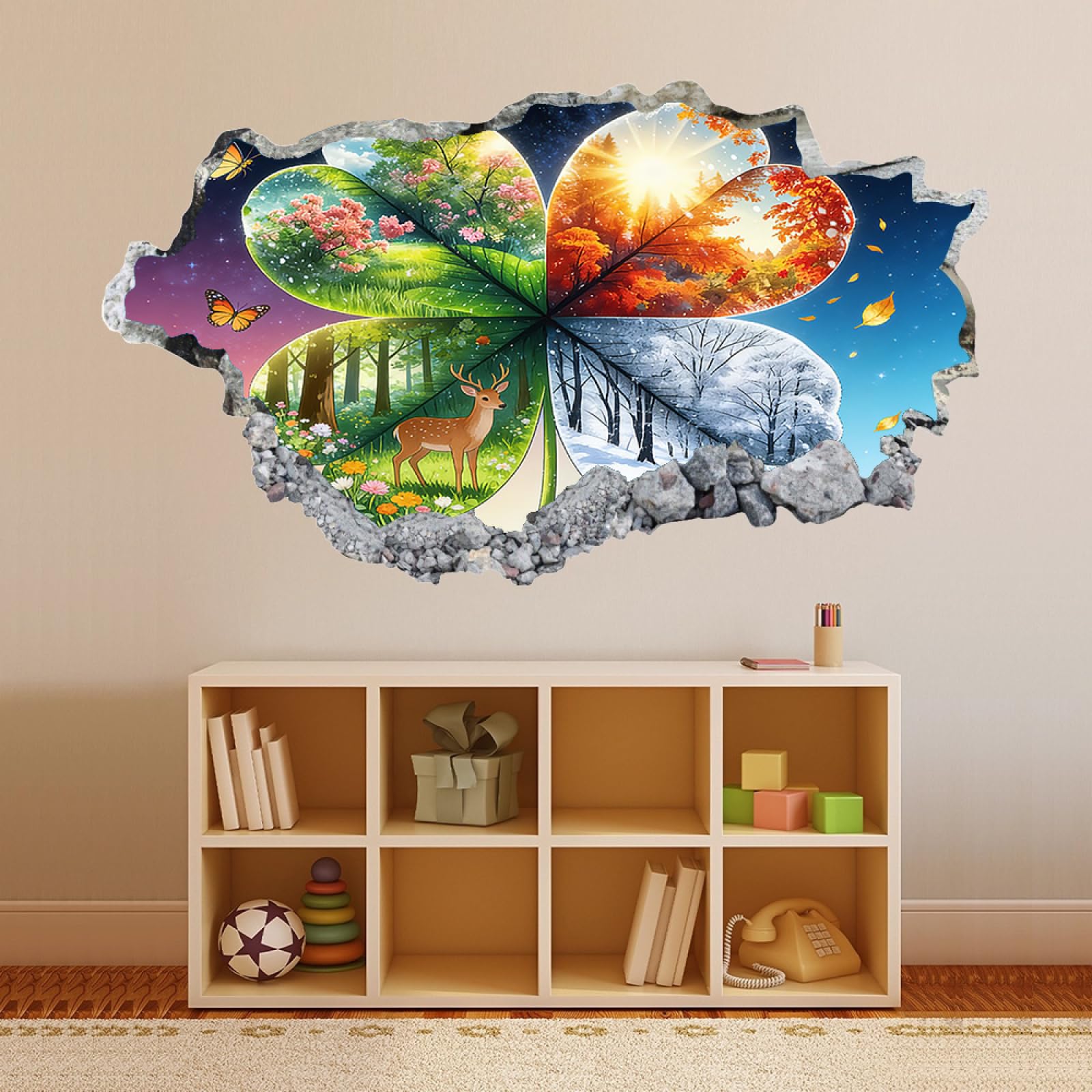 Effet de mur brisé 3D Résumé Des Saisons D'herbe Stickers Muraux Imperméables Sticker mural en vinyle pour décoration murale de chambre à coucher pour enfants 70x122cm