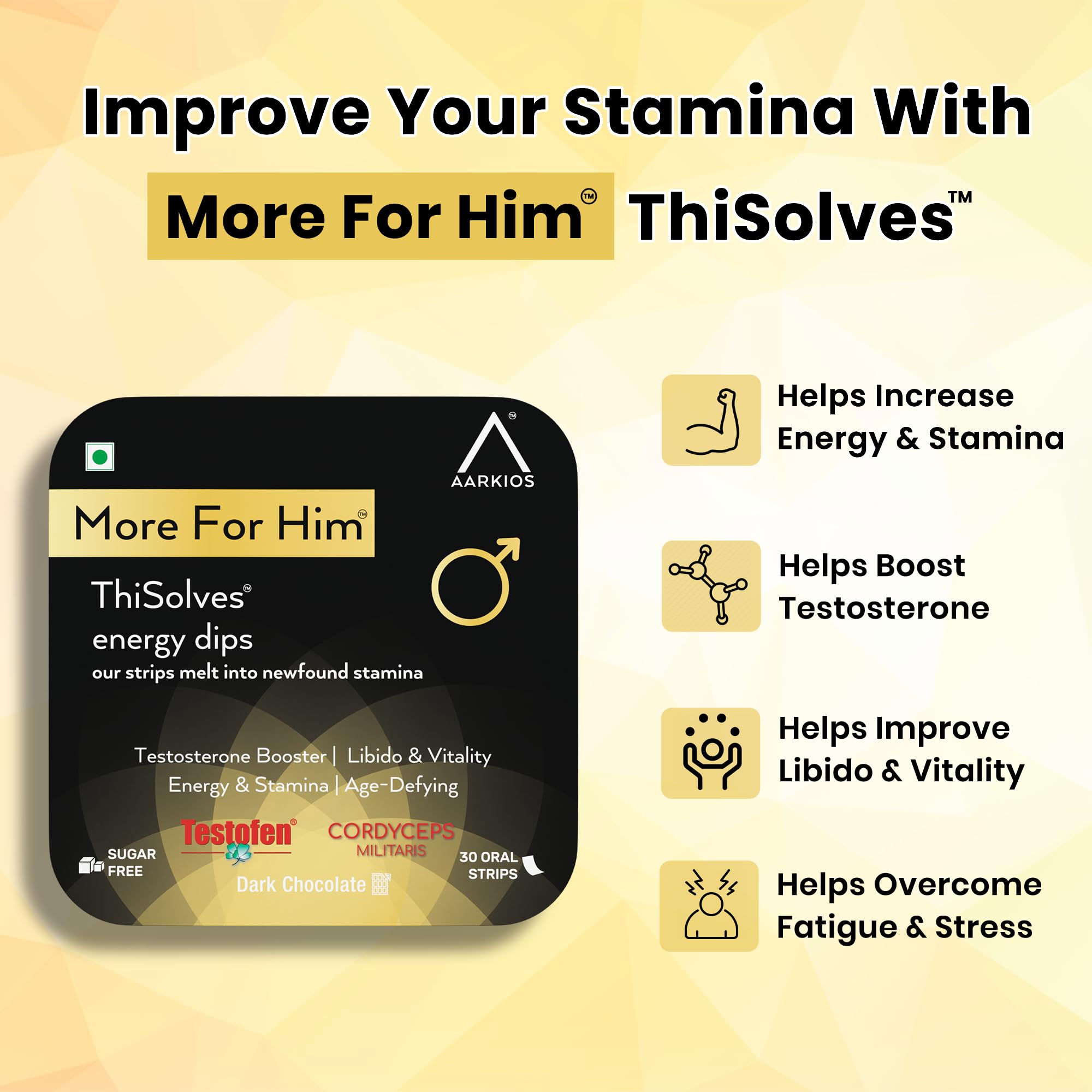 AARKIOS More For Him Testo Power with Testofen, Himalayan Shilajit, Ginkgo Biloba & Ashwagandha | Plant-Based Supplement for Men | Supports Vitality, Stamina & Energy | 30 Oral Strips 1