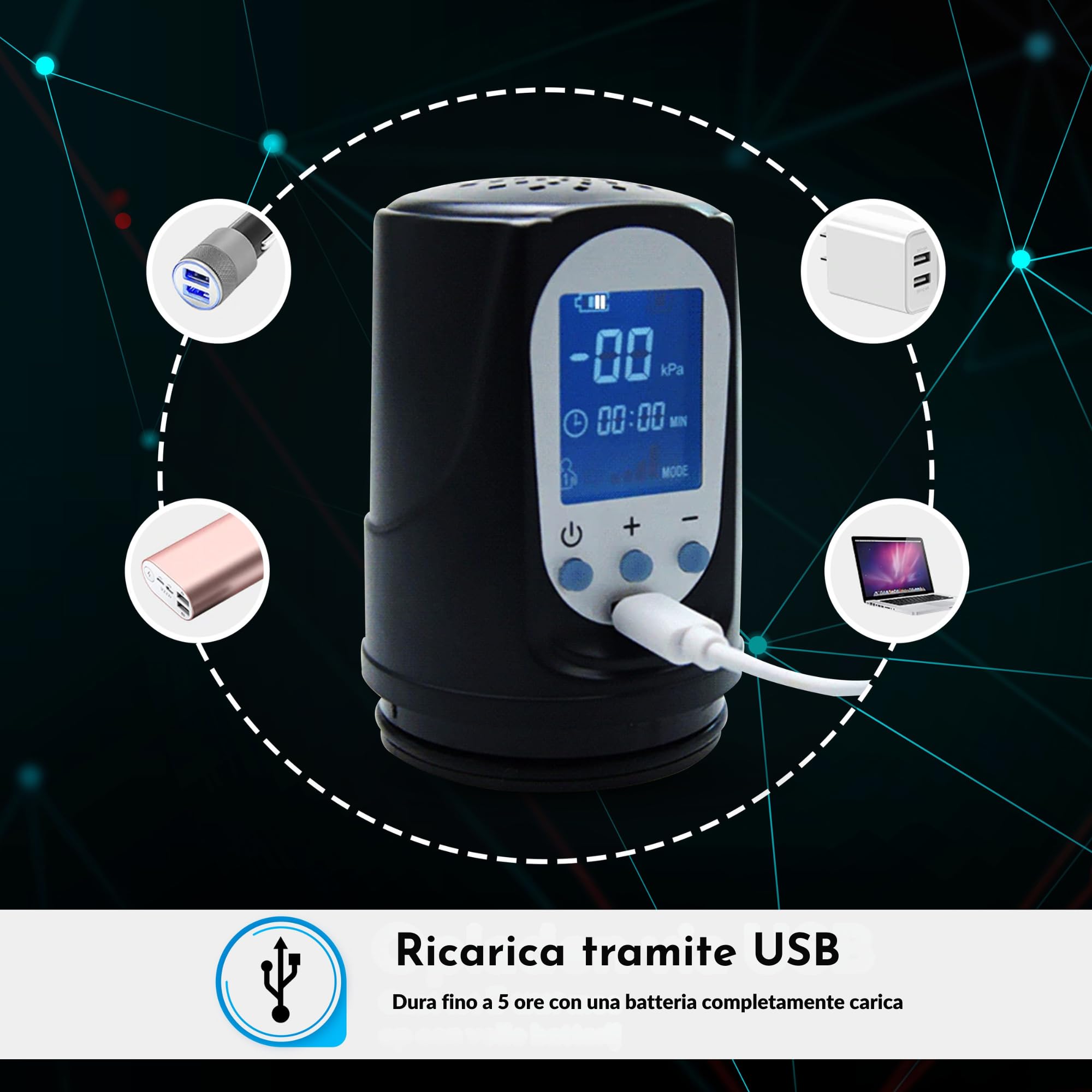 Pompa Peniena Elettrica Automatica con Display LED | 2 Anelli in Silicone | Ricaricabile USB | Impermeabile | Stimolatore e Amplificatore Maschile