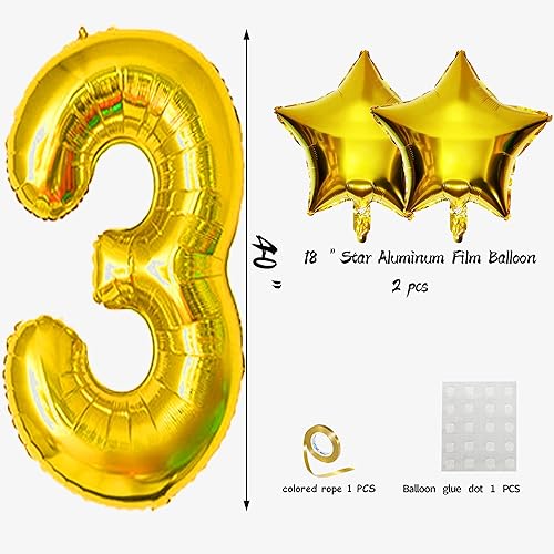 Vista 3 de Bornsun 40 Inch Gold Number 3 Balloons for Third Birthday,Gold Third Birthday Balloons,3rd Birthday Balloon Party Decor Supplies with Giant Number 3