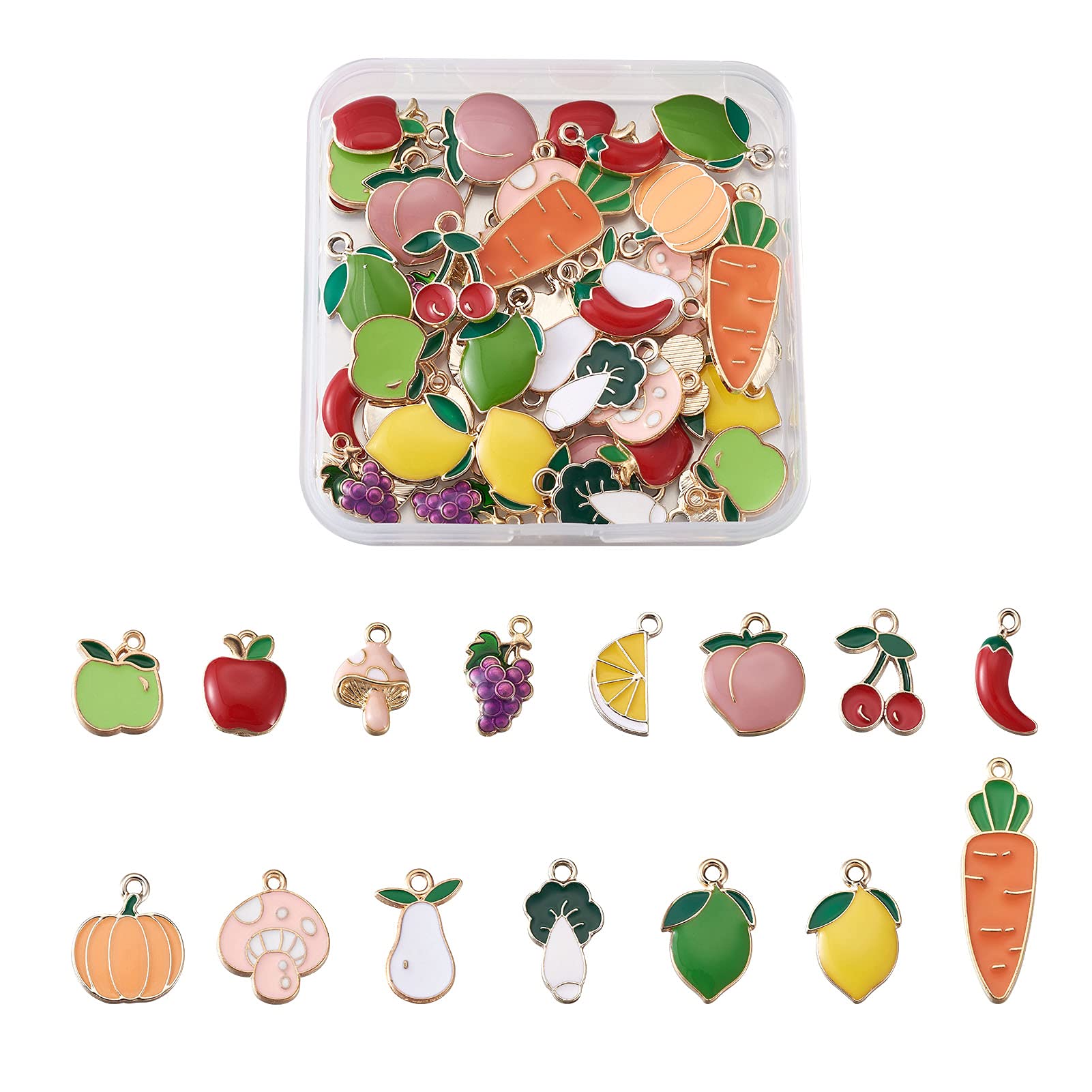 Craftdady 60pcs Fruit Vegetables Theme Alloy Enamel Pendants Light Gold Plated Tropical Fruit Pineapple Cherry Apple Mushroom Metal Dangle Pendants for DIY Jewelry Making
