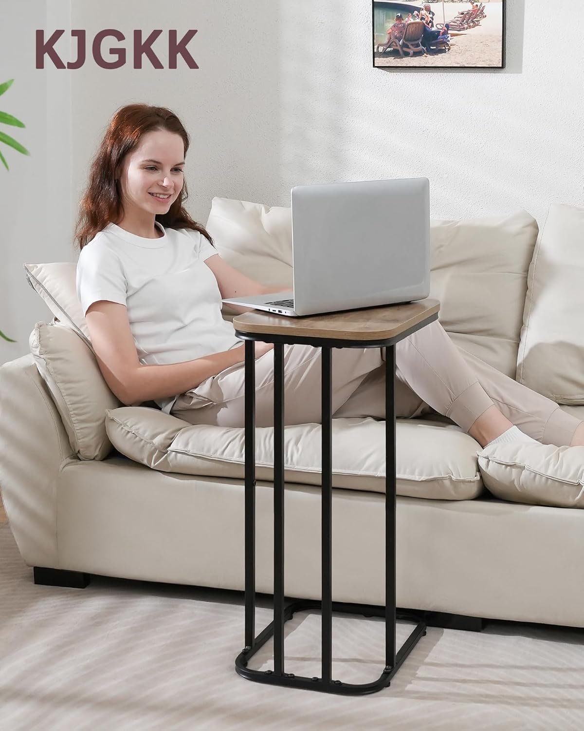 KJGKK C Shaped End Table, 27 Inches High Small Side Table for Sofa and Bed, Couch Table That Slides Under, Tall Tv Tray Table for Living Room, Bedroom, Metal Frame, Greige & Black