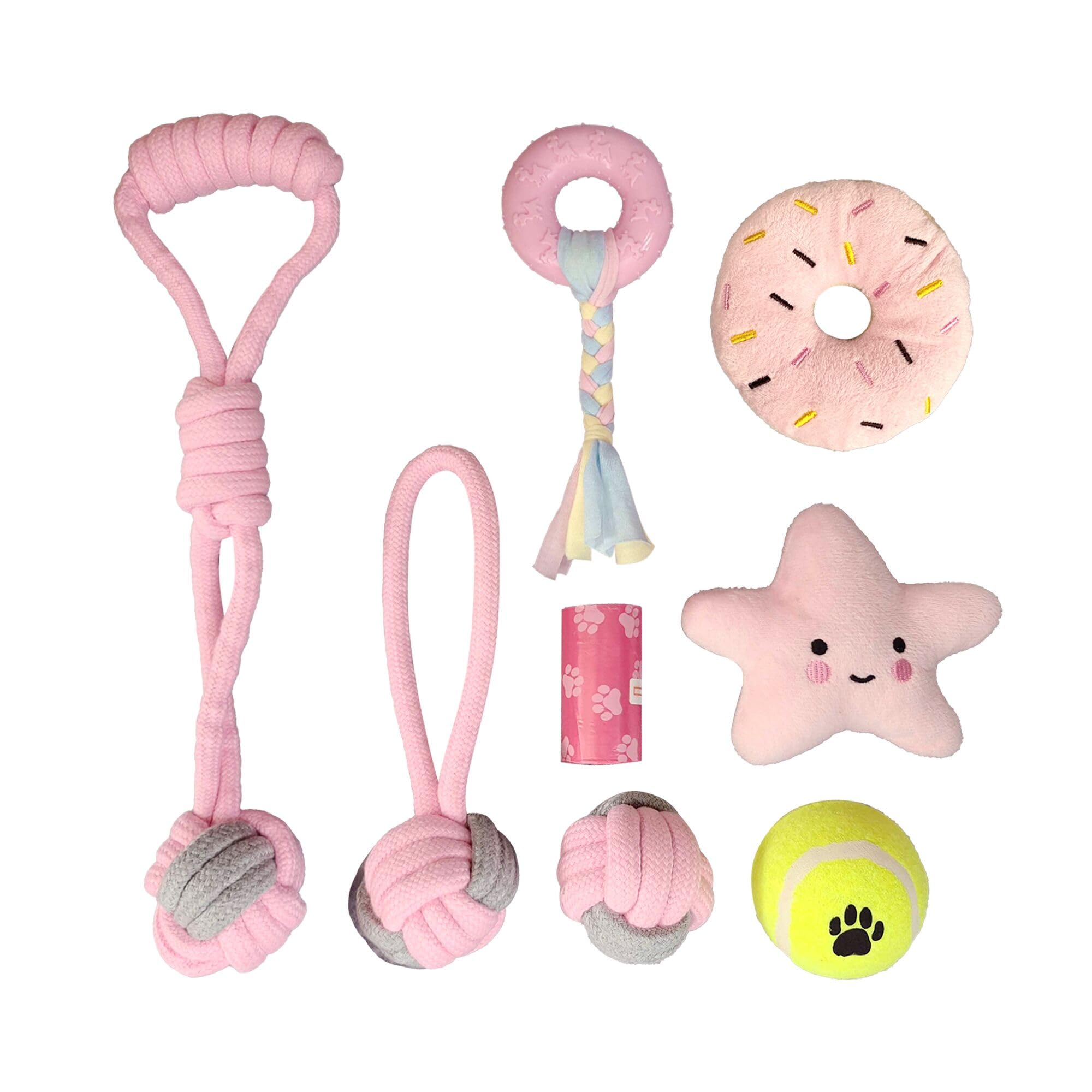 JWPET 8PCS Puppy Teething Toys Set - Interactive Dog Chew Toys with Ball & Cotton Ropes | Safe & Durable Teething Toys for Small Puppies & Medium Dogs | Includes Leak-Proof Poop Bags (Pink-B)
