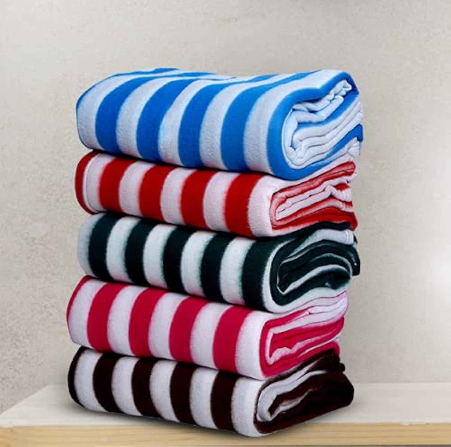 Single Bed Multi Colored Stripes Fleece Blanket, 250 Thread Count - Set of 5
