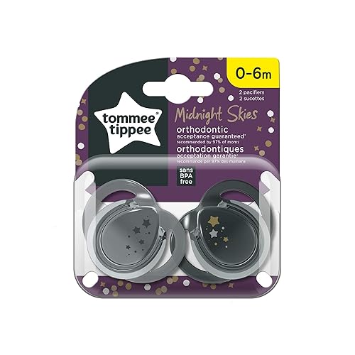 Miniatura 8 de Tommee Tippee Chupetes nocturnos que brillan en la oscuridad diseño simétrico binkies de silicona sin BPA 00-197ft 2 unidades cielo medianoche