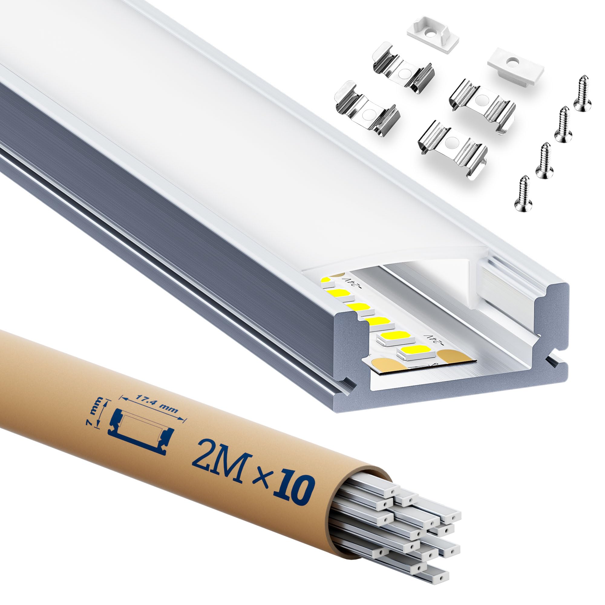 10 × LED Schiene 2m U-Form Aluprofil mit weißer Abdeckung,Endkappen & Montageclips Alu Leiste für Lichtstreifen bis 12mm Led Schiene Kanäle Leiste Diffusor unterputzprofil