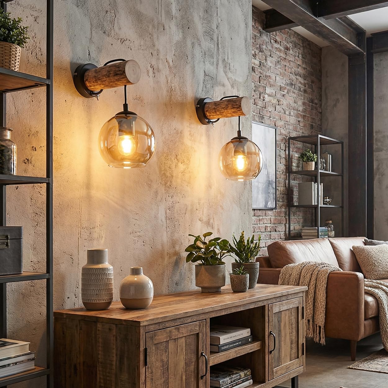 HOFSTEIN Wandleuchte Koyoto 2er Set, Wandlampe aus Metall/Holz/Glas in Schwarz/Natur/Bernstein, Leuchte im Retro/Vintage-Design (Ø 15 cm), Schalter am Gehäuse, E27, Wohnzimmer, Schlafzimmer, Flur