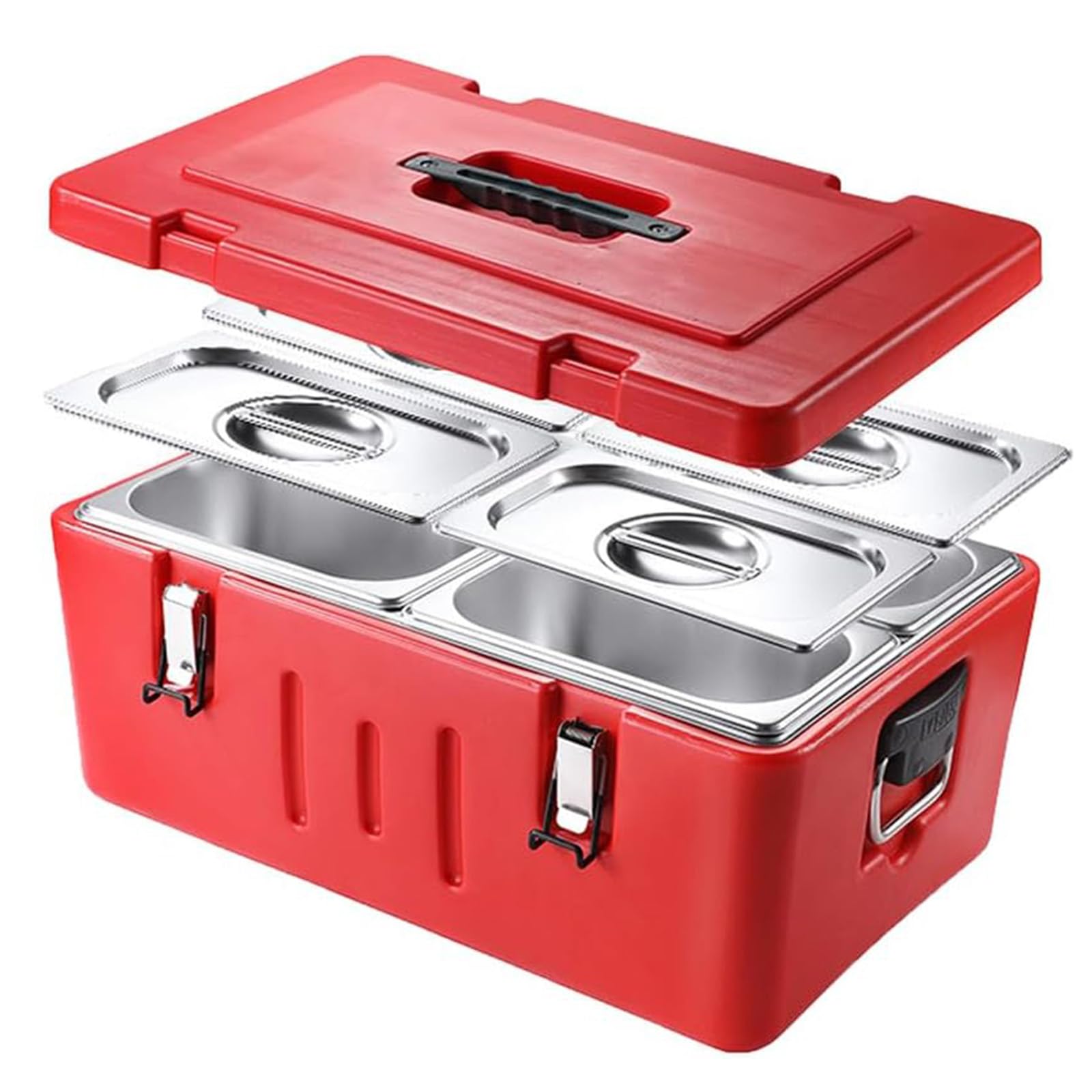 Contenedor comercial para alimentos fríos y calientes de 27 cuartos de galón, 3 recipientes y tapas de acero inoxidable, caja de transporte portátil para catering. (4Grid)