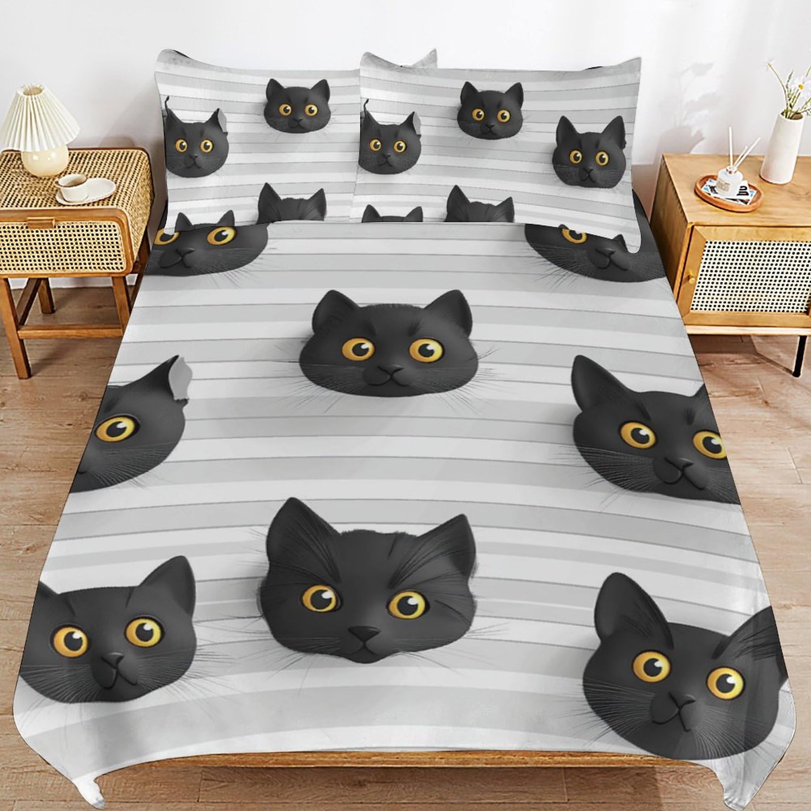 Juego de ropa de cama gato rosa a rayas con funda de almohada y cremallera