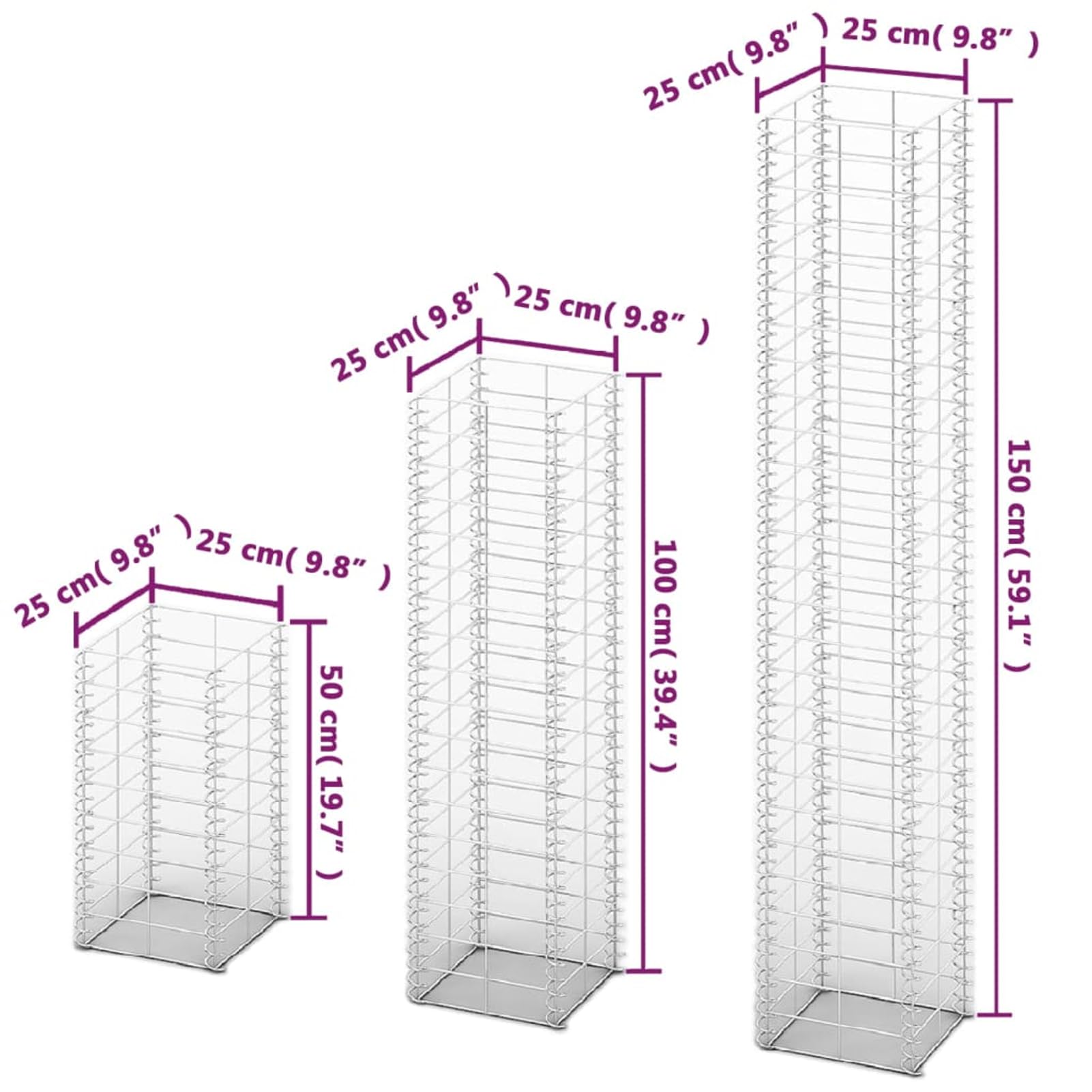 Tidyard Gabionen-Set 3-TLG/Steingabione/Steinkorb, aus Verzinktem Stahl, 25 x 25 x 50/100/150 cm(L x B x H) (3 Stück)