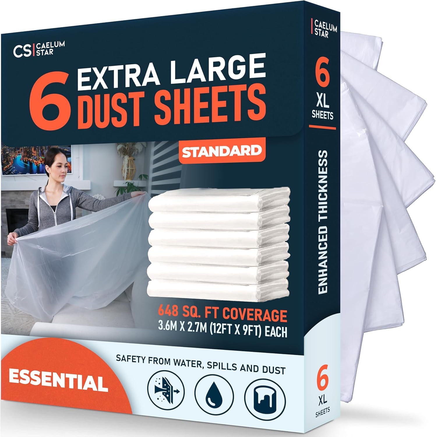 CS 6 Pack Extra Large Plastic Dust Sheets for Decorating 3.6 x 2.7m (12 x 9ft), Standard Dust Sheet for Painting & Furniture, Plastic Sheet-Plastic Sheeting-Decorating Tools-Decorating Sheets