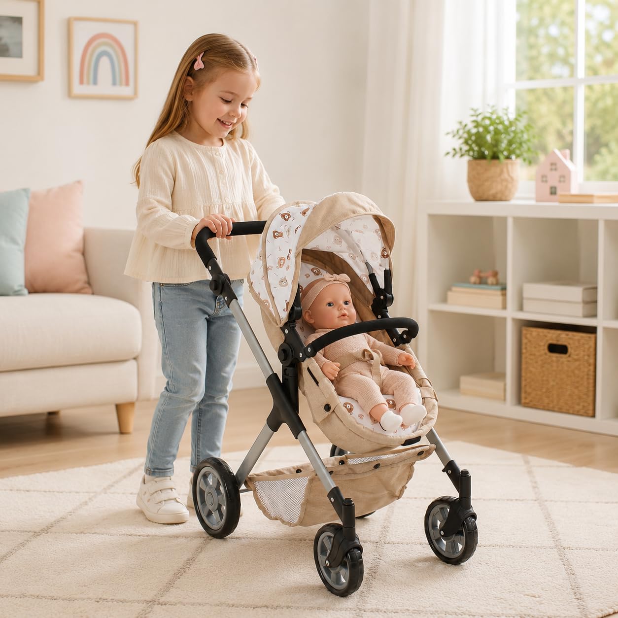 Bayer Chic 2000 Poussette combinée pour poupée Mila | 2 en 1 | Ours Beige | Poussette polyvalente 2 en 1 avec siège sport réversible, nacelle et roues pivotantes. Hauteur réglable (39-72 cm).