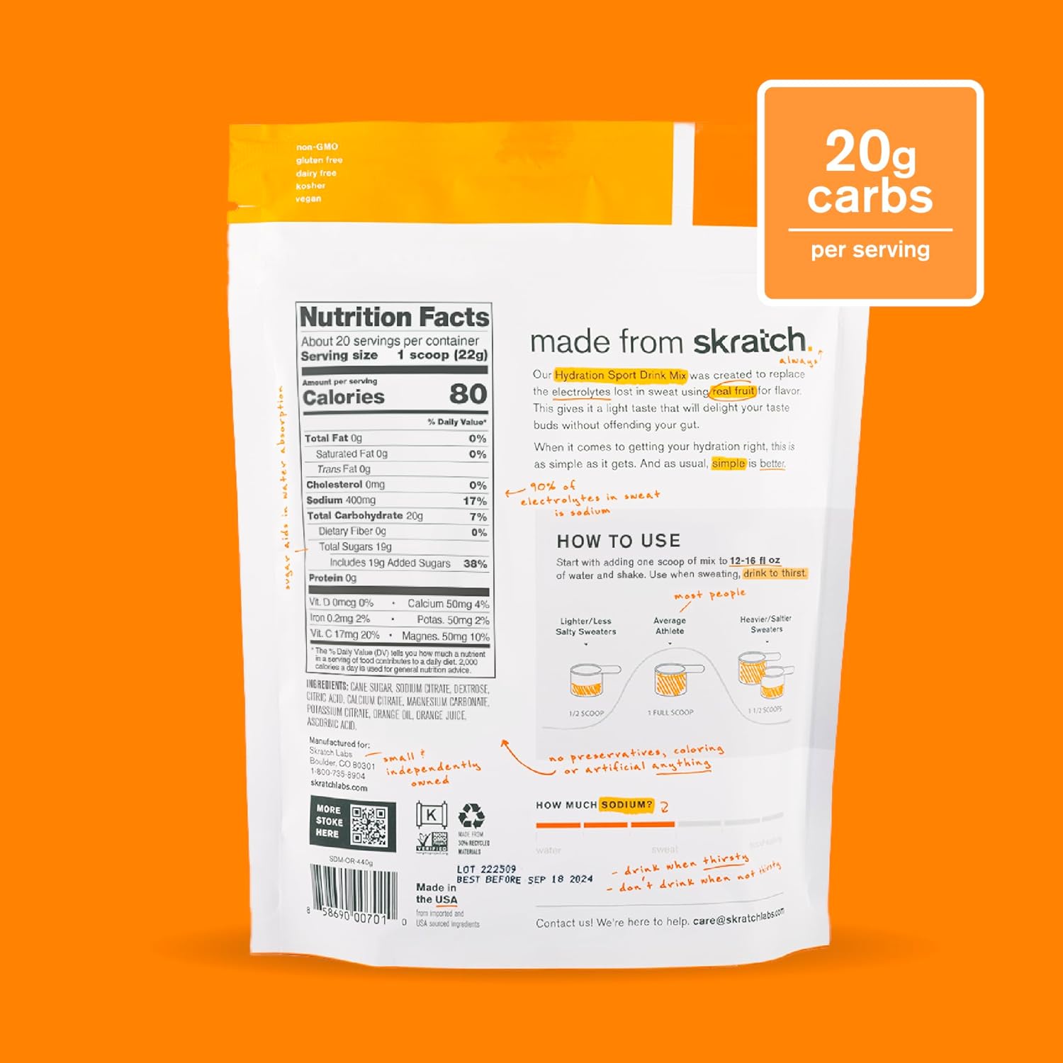 Skratch Labs Hydration Sports Drink Mix – Real‑Fruit Electrolyte Powder for Fast Hydration & Endurance | Orange | 20 Servings | Vegan, Non‑GMO, Clean Ingredients