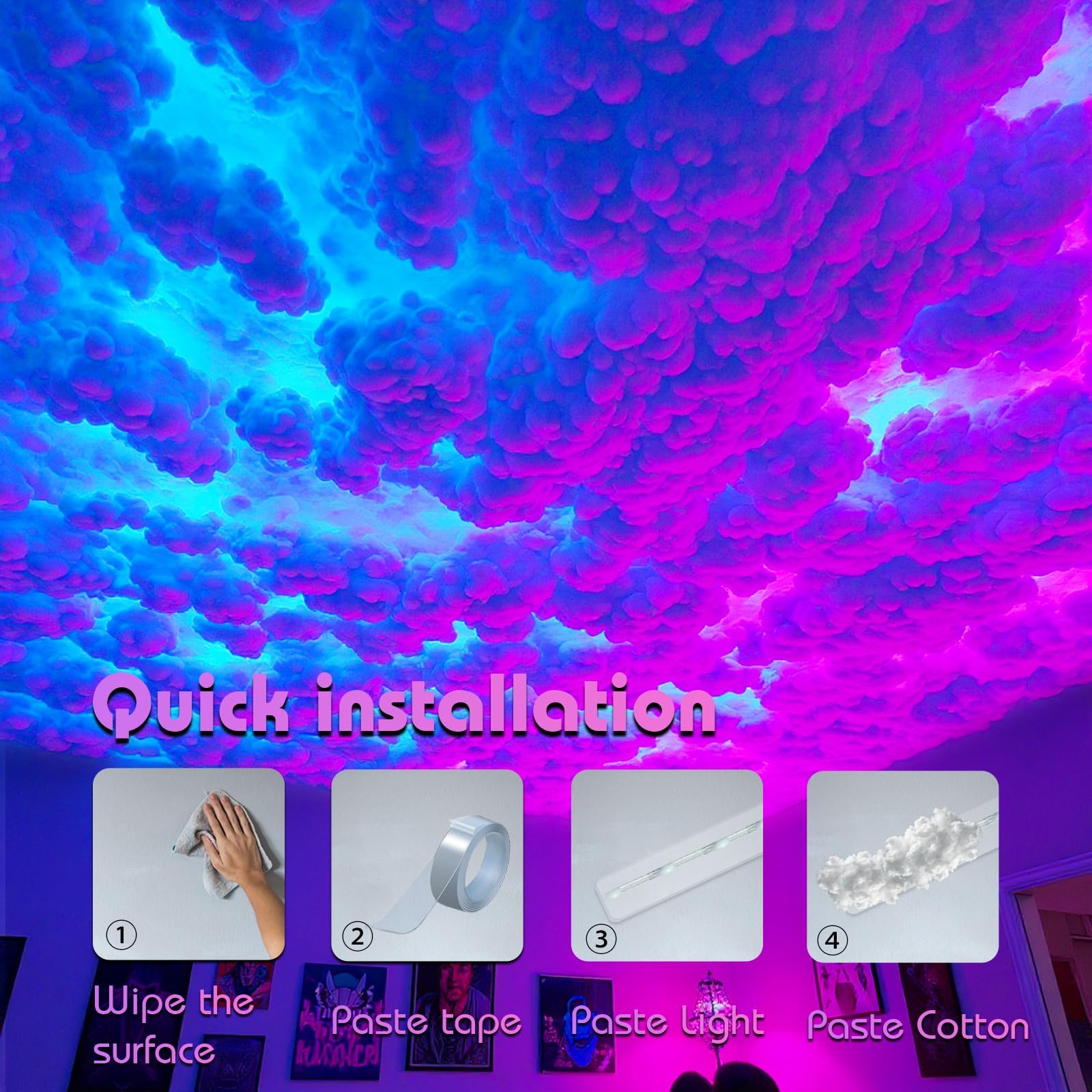 3D Nuage LED Plafond, 197inch LED Plafond Nuage Plafond, Lampe Led Nuage D'Orage 3D, Lampe USB à Synchronisation Musicale RVB Et Éclairage Vibrant, Chambre à Coucher Et Salle De Jeux (78.8inch/200cm)