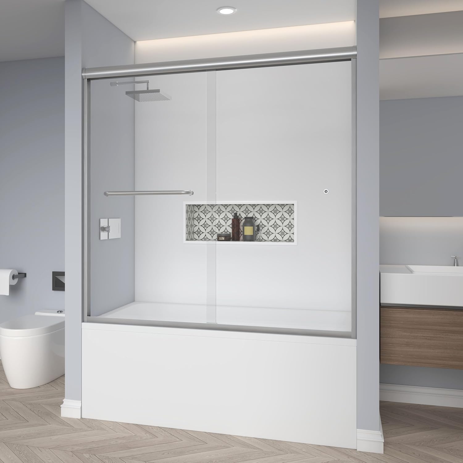 Tub Double Sliding Shower Door 55-60" W x 58" H, Brushed Nickel, Bathtub Door, Clear Glass, Framed, 1/4" (6mm) Tempered Glass