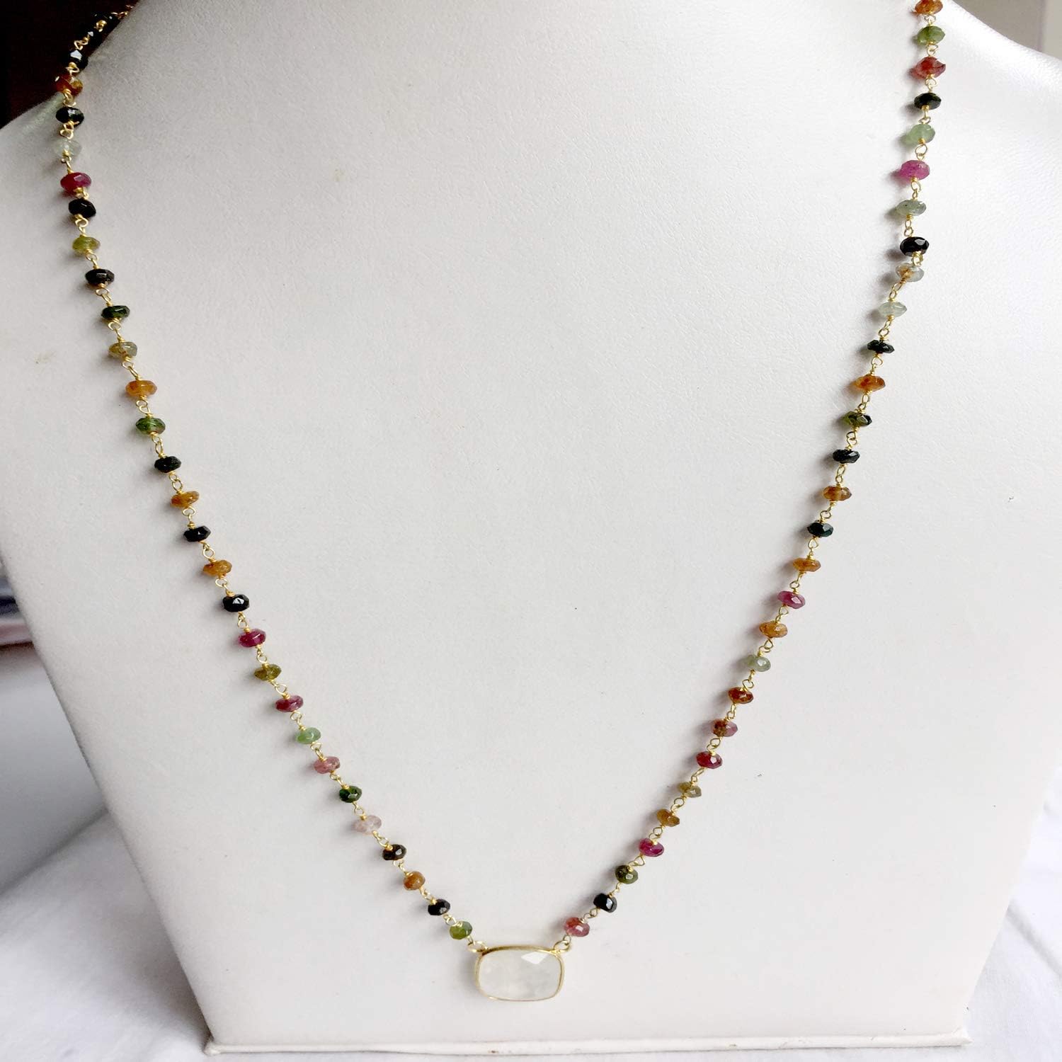 925 Silver Moonstone Bezel Connector Chain,Multi Tourmaline Rosary Wire Wrapped Beads Necklace,Wire Wrapped Beaded Necklace,Multi Tourmaline