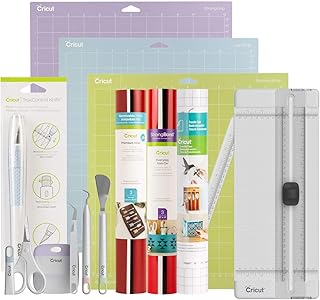 Cricut Essentials Bundle for Cricut Machine - Everyday Iron On Vinyl Sampler, Premium Removable Vinyl Sampler, Transfer Tape, True Control Knife, Cutting Mat (3), Basic Tool Set, Portable Trimmer
